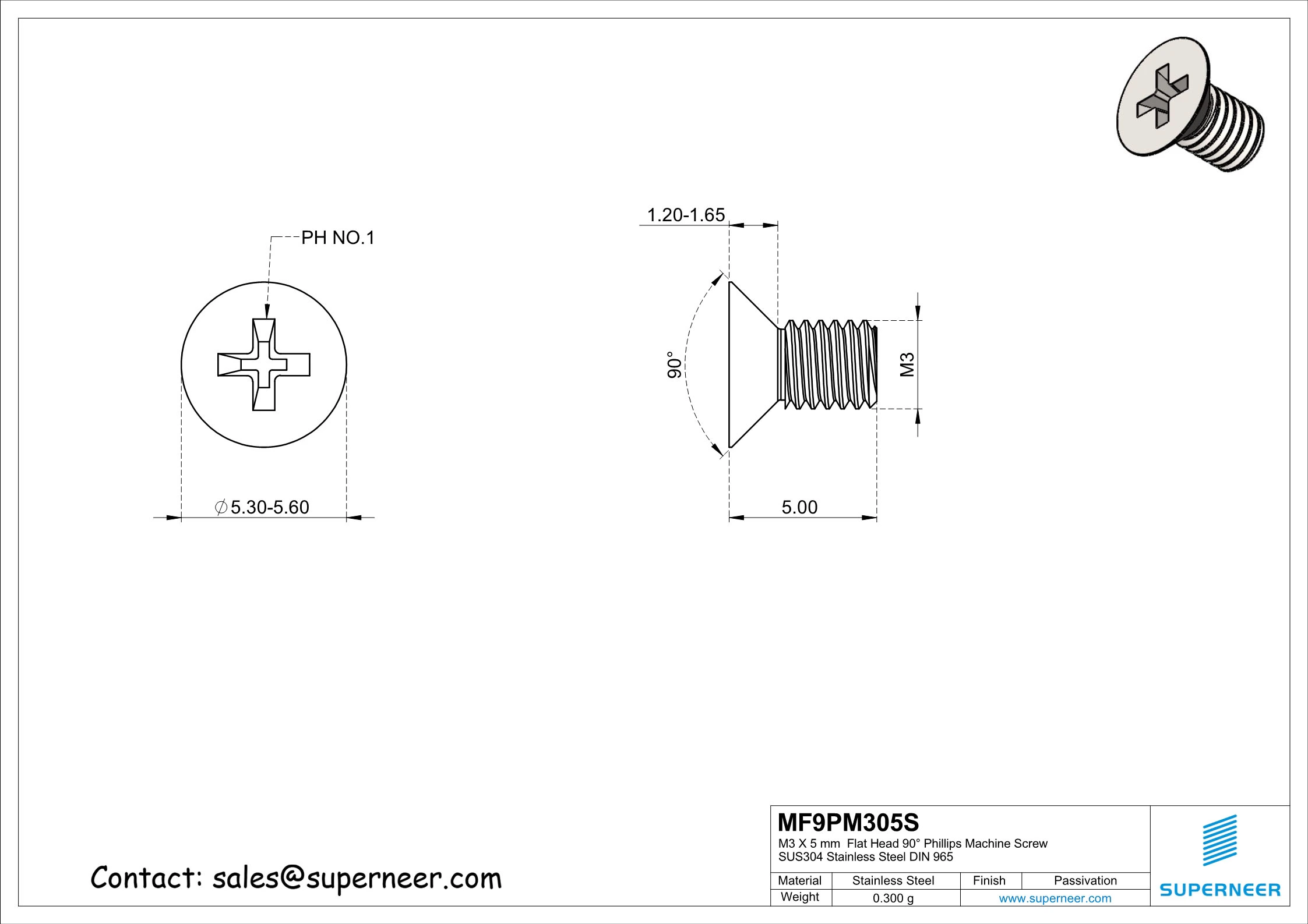 M3 x 5 mm  Flat Head 90&deg; Phillips Machine Screw SUS304 Stainless Steel Inox DIN 965