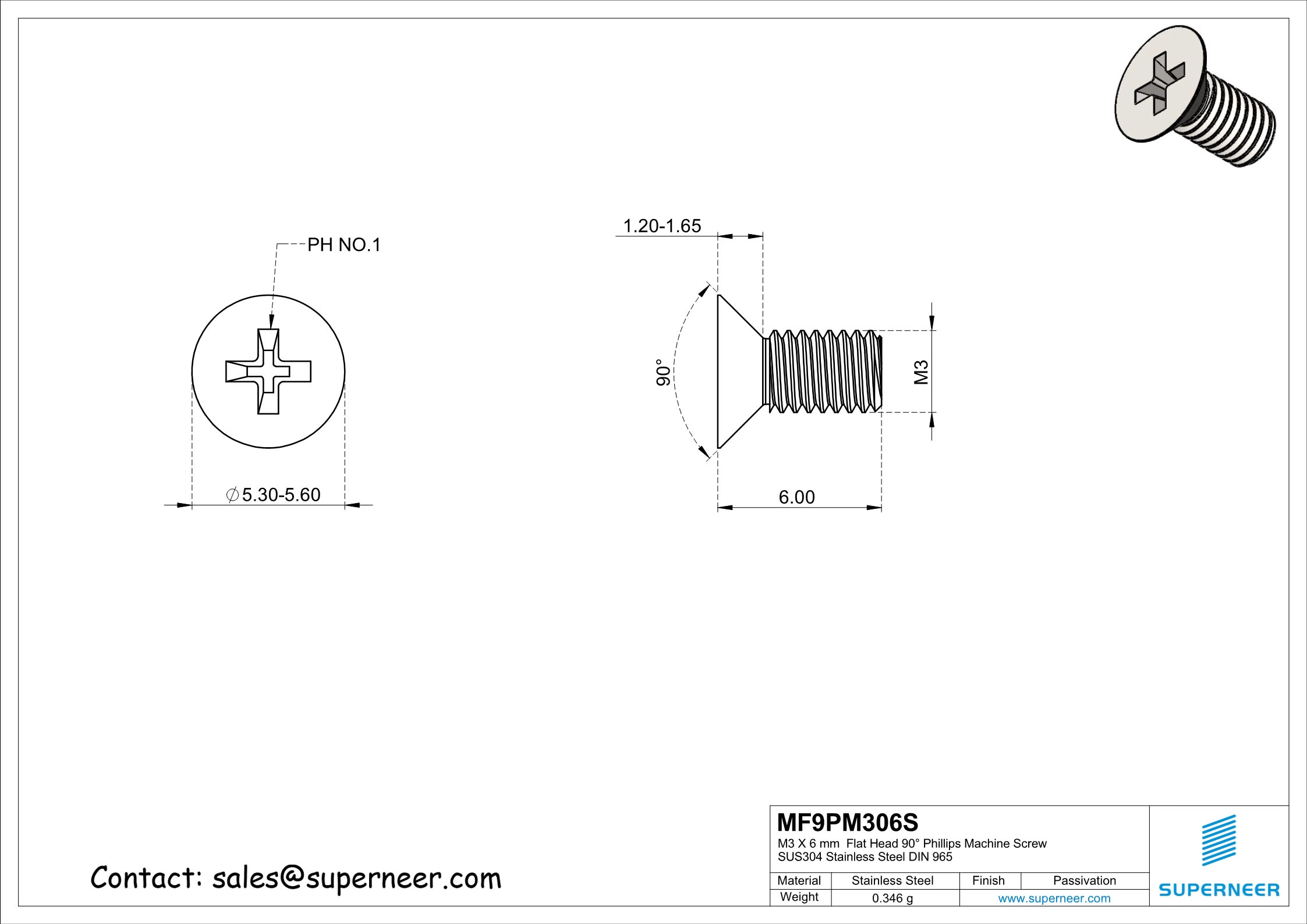 M3 x 6 mm  Flat Head 90&deg; Phillips Machine Screw SUS304 Stainless Steel Inox DIN 965