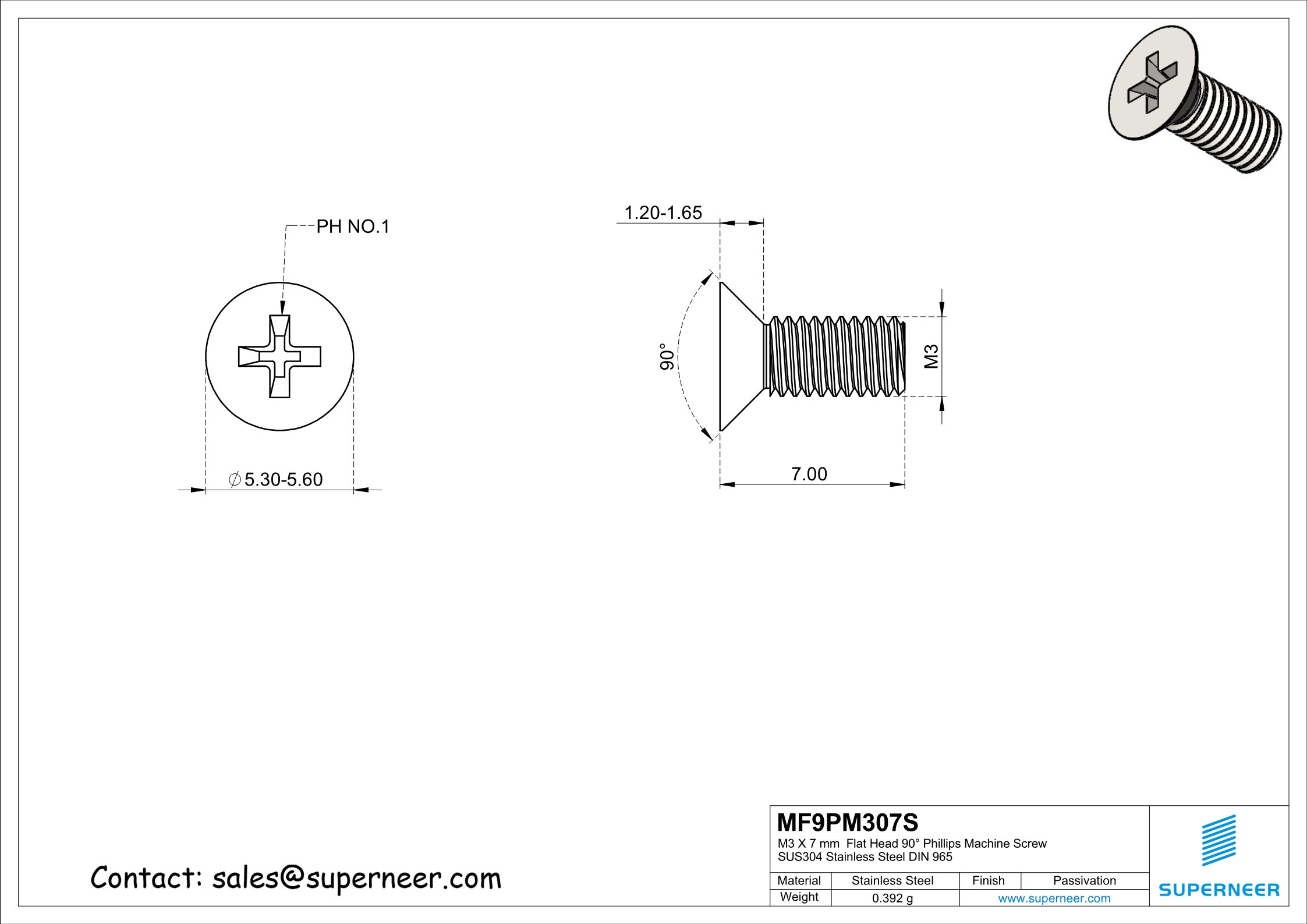 M3 x 7 mm  Flat Head 90&deg; Phillips Machine Screw SUS304 Stainless Steel Inox DIN 965