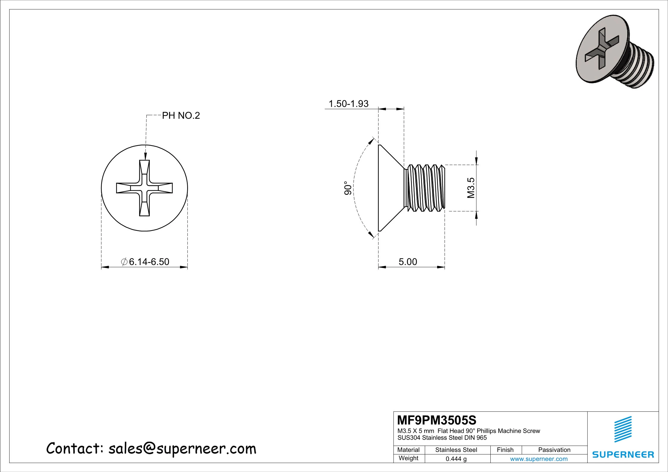 M3.5 x 5 mm  Flat Head 90&deg; Phillips Machine Screw SUS304 Stainless Steel Inox DIN 965