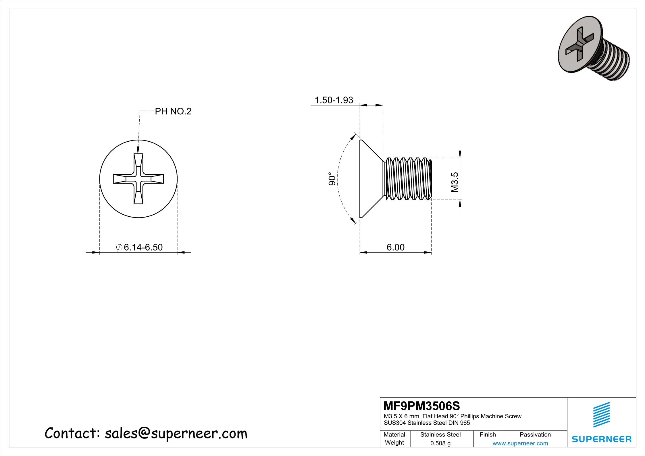 M3.5 x 6 mm  Flat Head 90&deg; Phillips Machine Screw SUS304 Stainless Steel Inox DIN 965