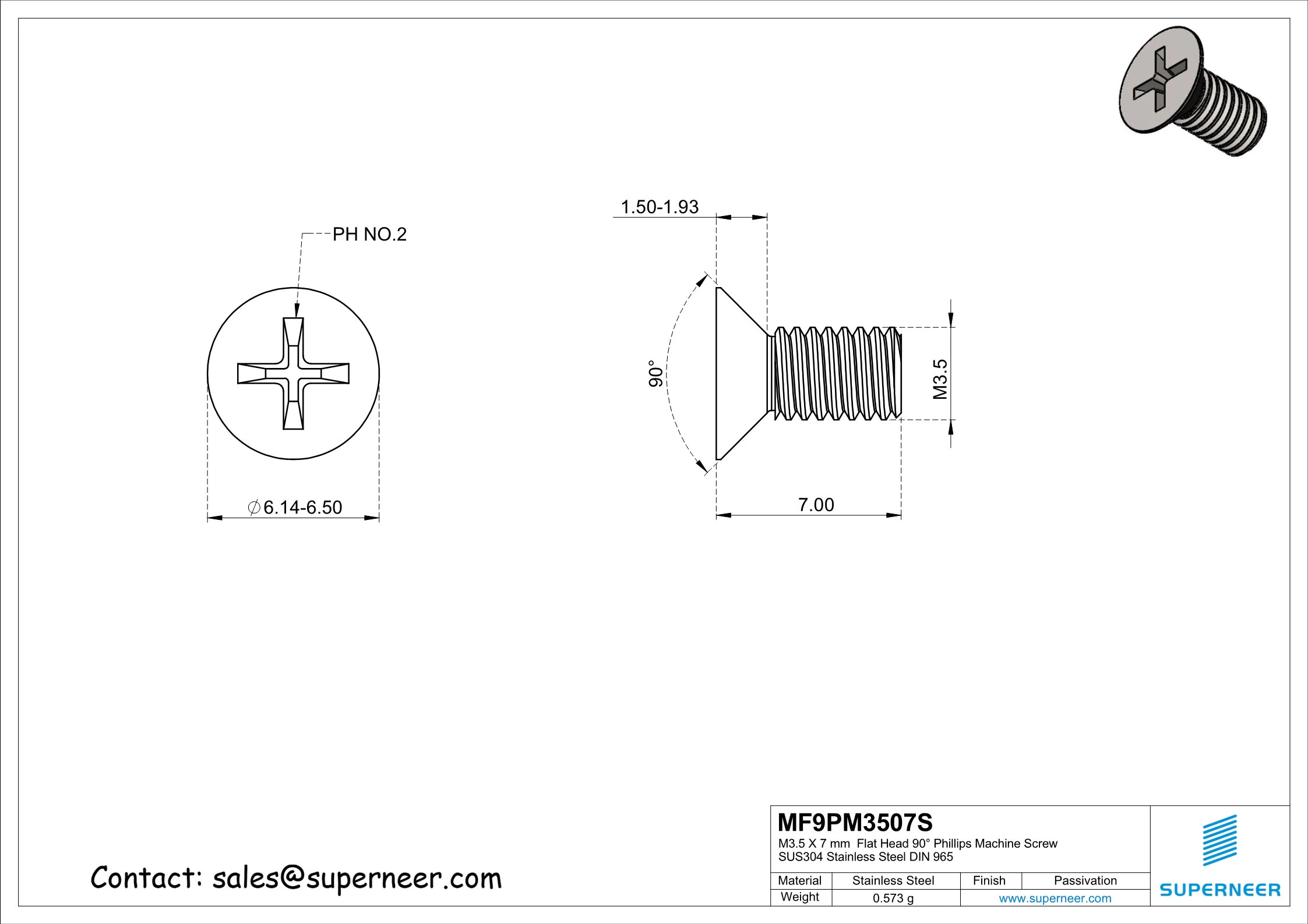 M3.5 x 7 mm  Flat Head 90&deg; Phillips Machine Screw SUS304 Stainless Steel Inox DIN 965