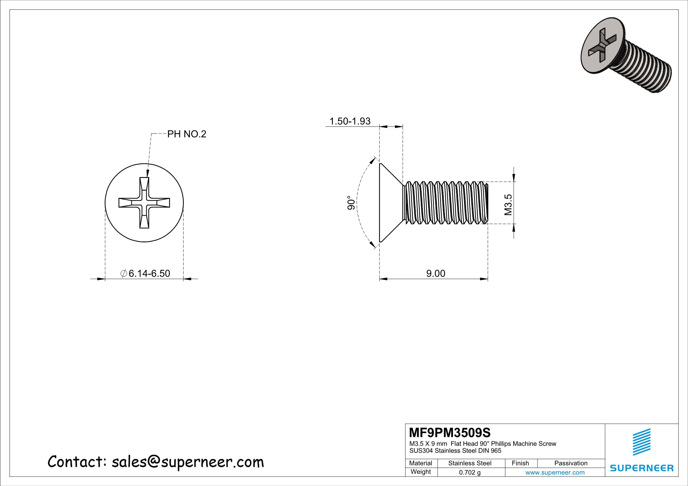 M3.5 x 9 mm  Flat Head 90&deg; Phillips Machine Screw SUS304 Stainless Steel Inox DIN 965