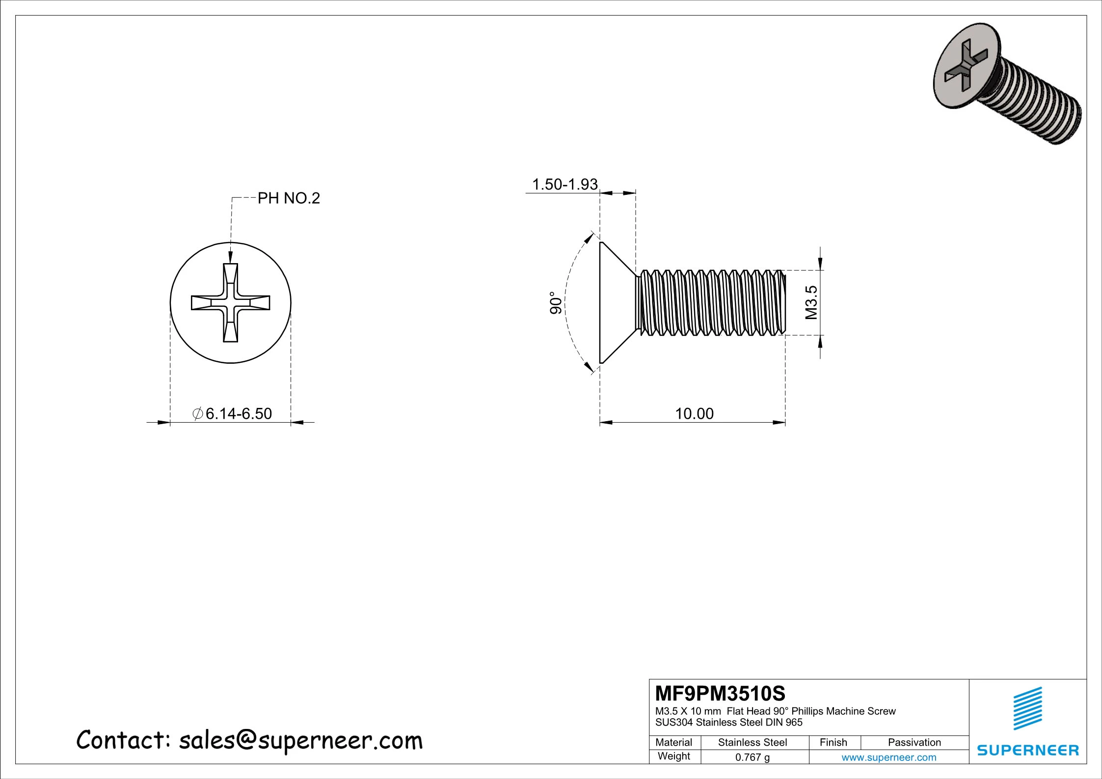 M3.5 x 10 mm  Flat Head 90&deg; Phillips Machine Screw SUS304 Stainless Steel Inox DIN 965