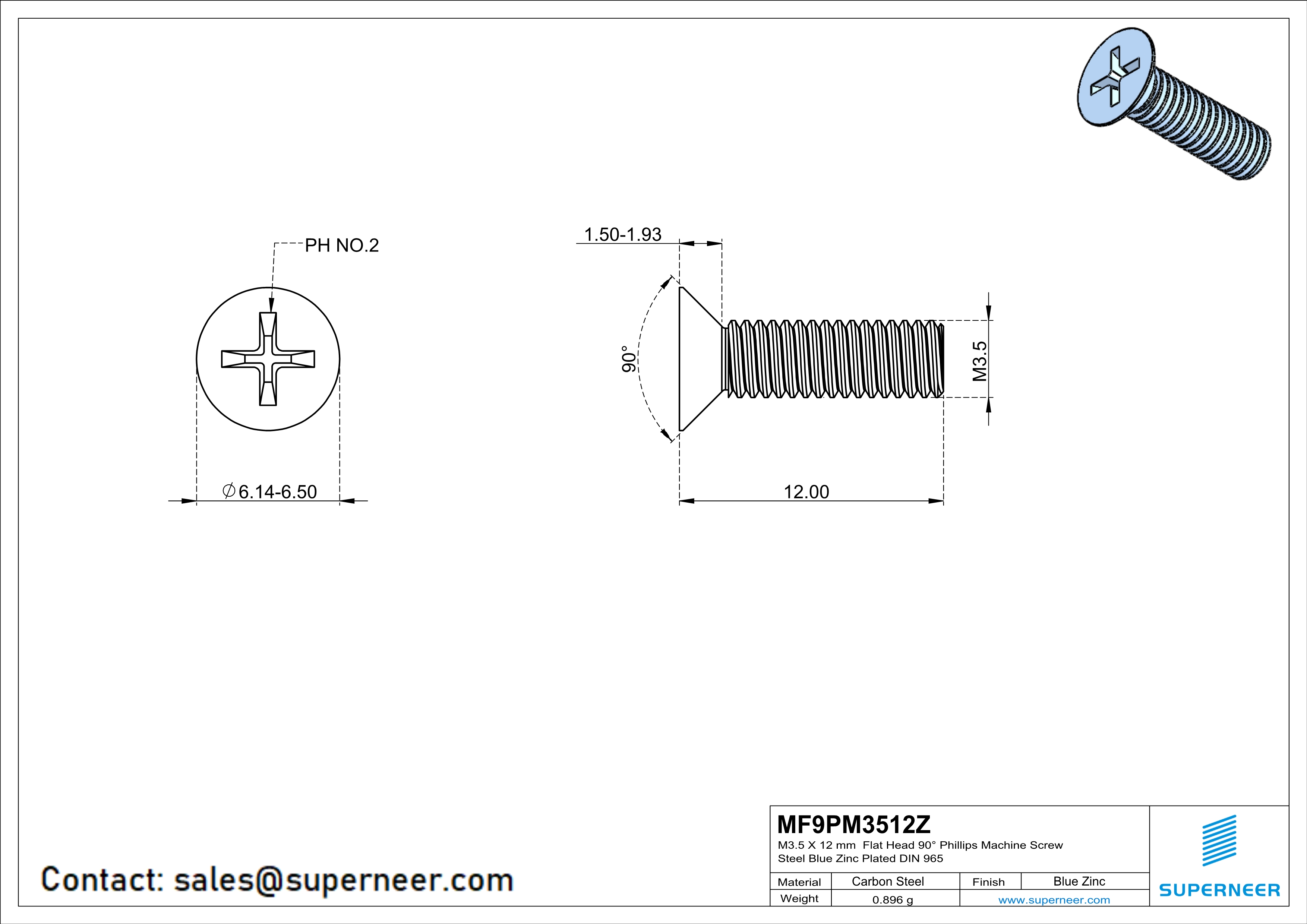 M3.5 x 12 mm Flat Head 90&deg; Phillips Machine Screw Steel Blue Zinc Plated DIN 965