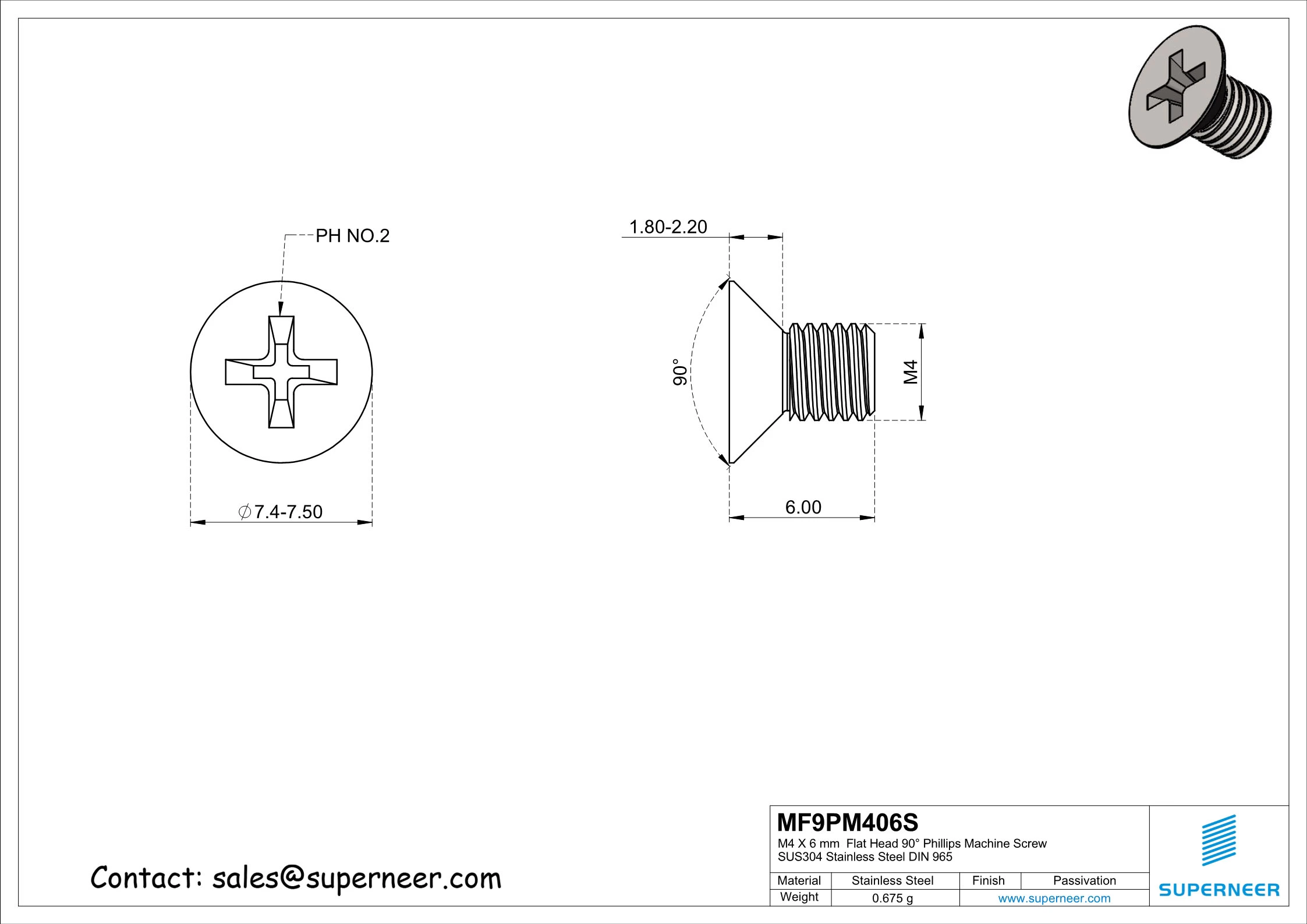 M4 x 6 mm  Flat Head 90&deg; Phillips Machine Screw SUS304 Stainless Steel Inox DIN 965