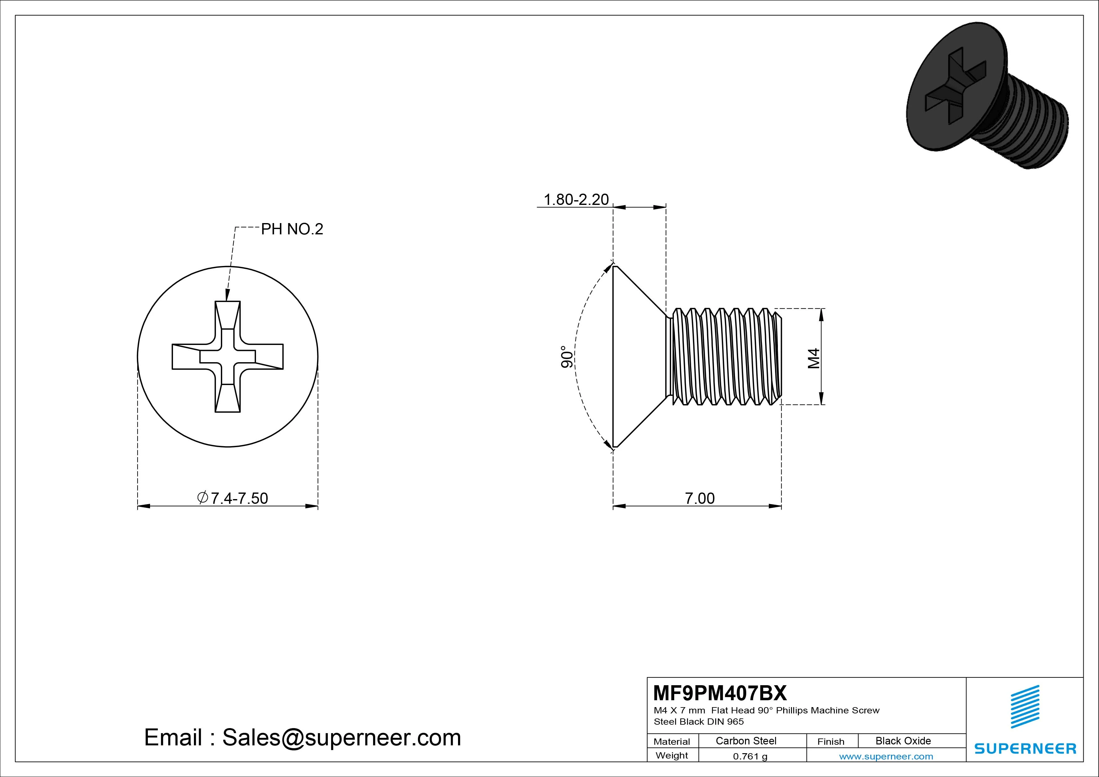 M4 x 7 mm Flat Head 90&deg; Phillips Machine Screw Steel Black Oxide DIN 965