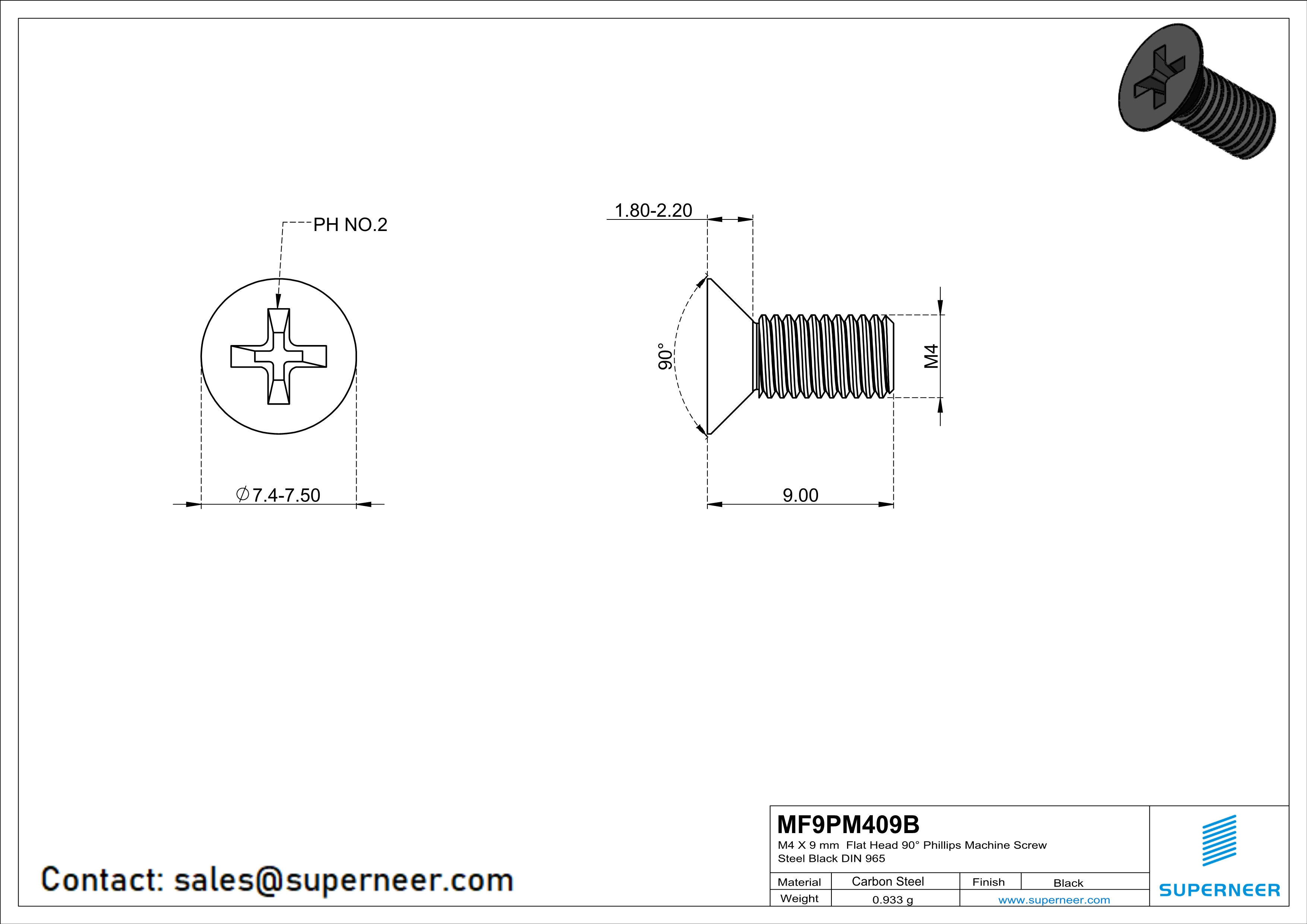 M4 x 9 mm Flat Head 90&deg; Phillips Machine Screw Steel Black DIN 965