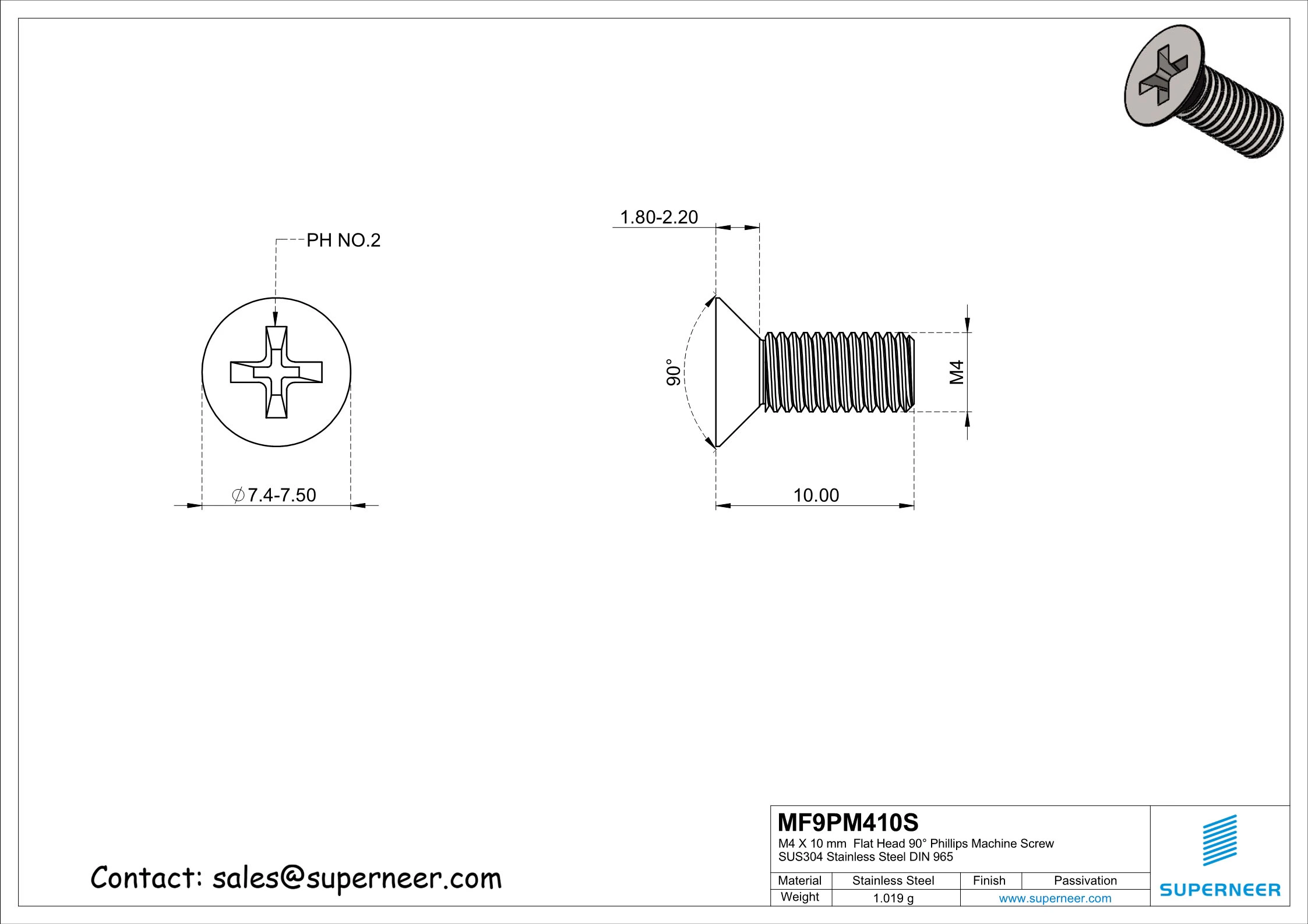 M4 x 10 mm  Flat Head 90&deg; Phillips Machine Screw SUS304 Stainless Steel Inox DIN 965