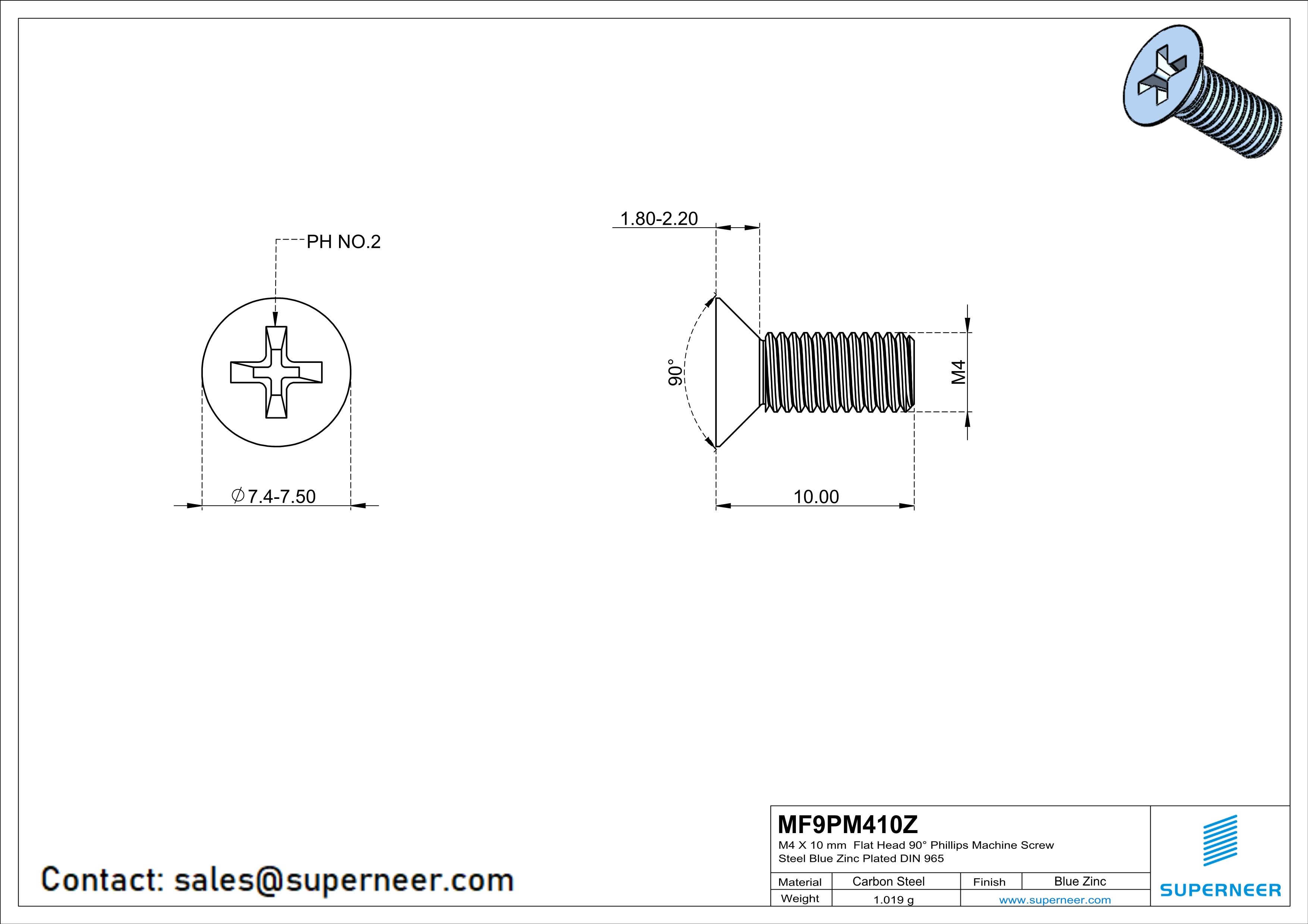 M4 x 10 mm Flat Head 90&deg; Phillips Machine Screw Steel Blue Zinc Plated DIN 965