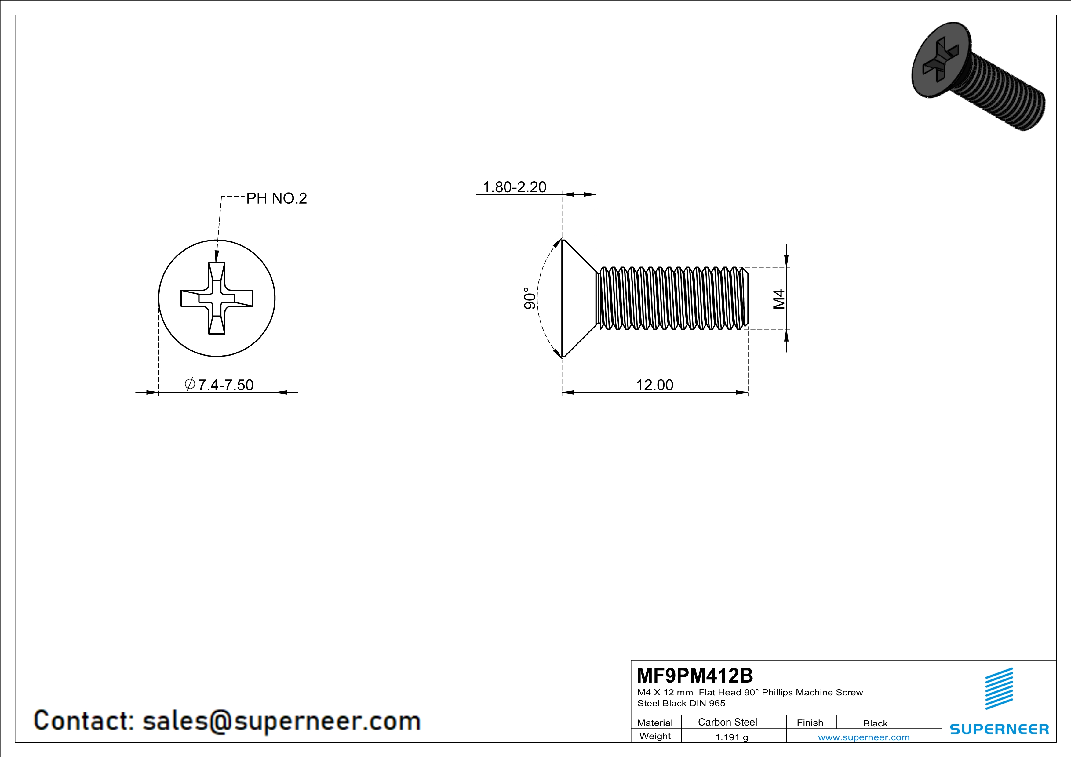 M4 x 12 mm Flat Head 90&deg; Phillips Machine Screw Steel Black DIN 965
