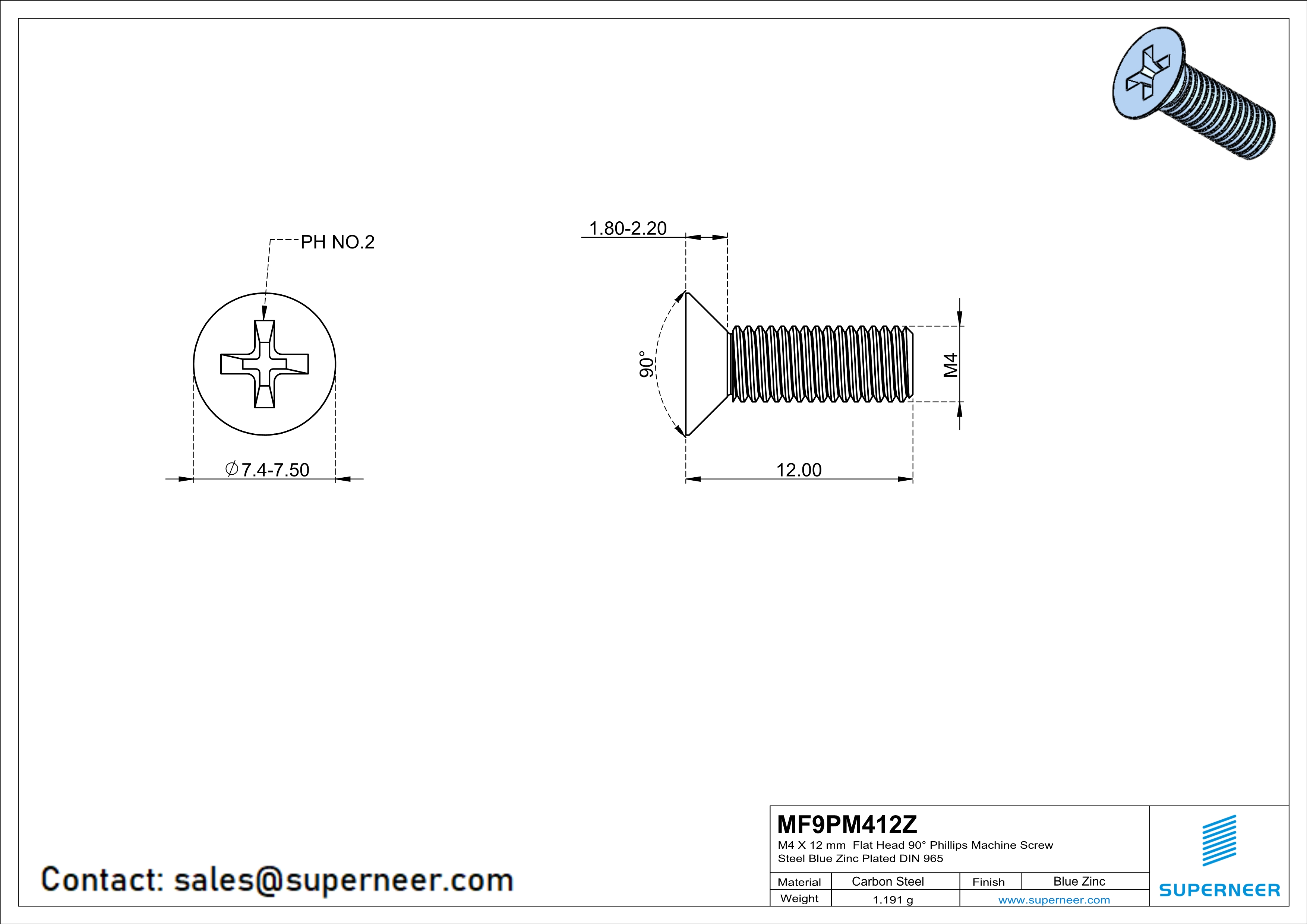 M4 x 12 mm Flat Head 90&deg; Phillips Machine Screw Steel Blue Zinc Plated DIN 965