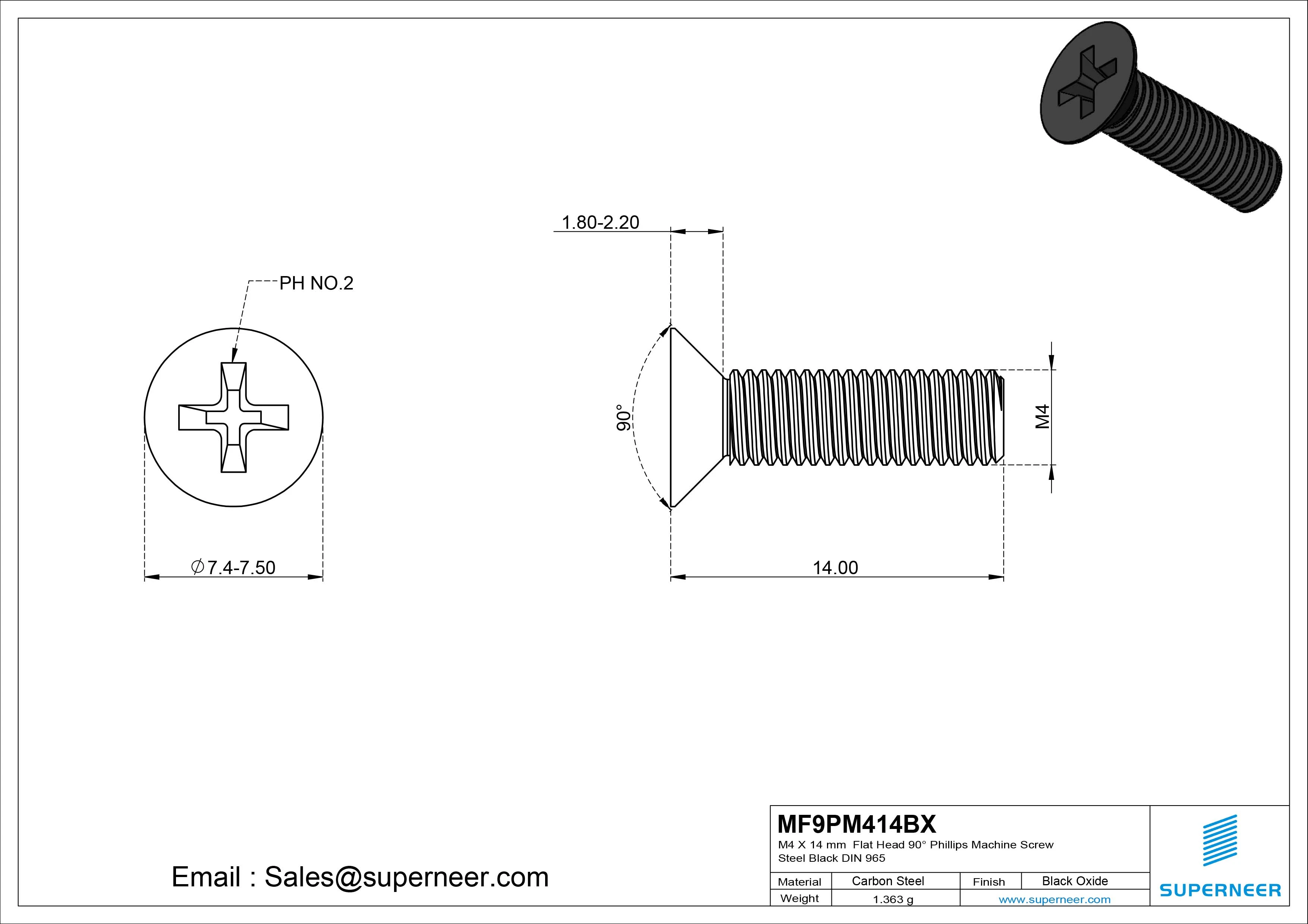 M4 x 14 mm Flat Head 90&deg; Phillips Machine Screw Steel Black Oxide DIN 965