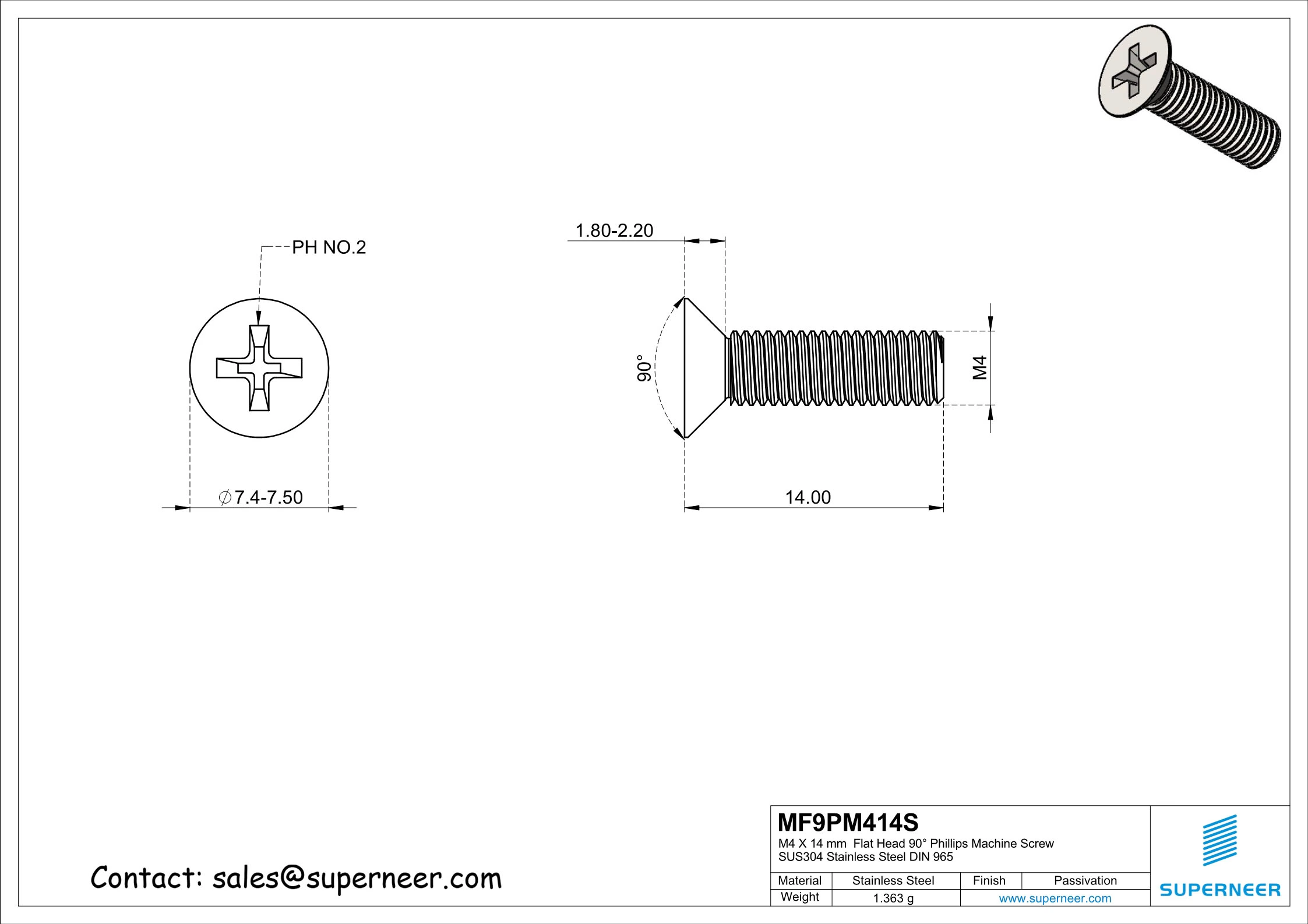 M4 x 14 mm  Flat Head 90&deg; Phillips Machine Screw SUS304 Stainless Steel Inox DIN 965
