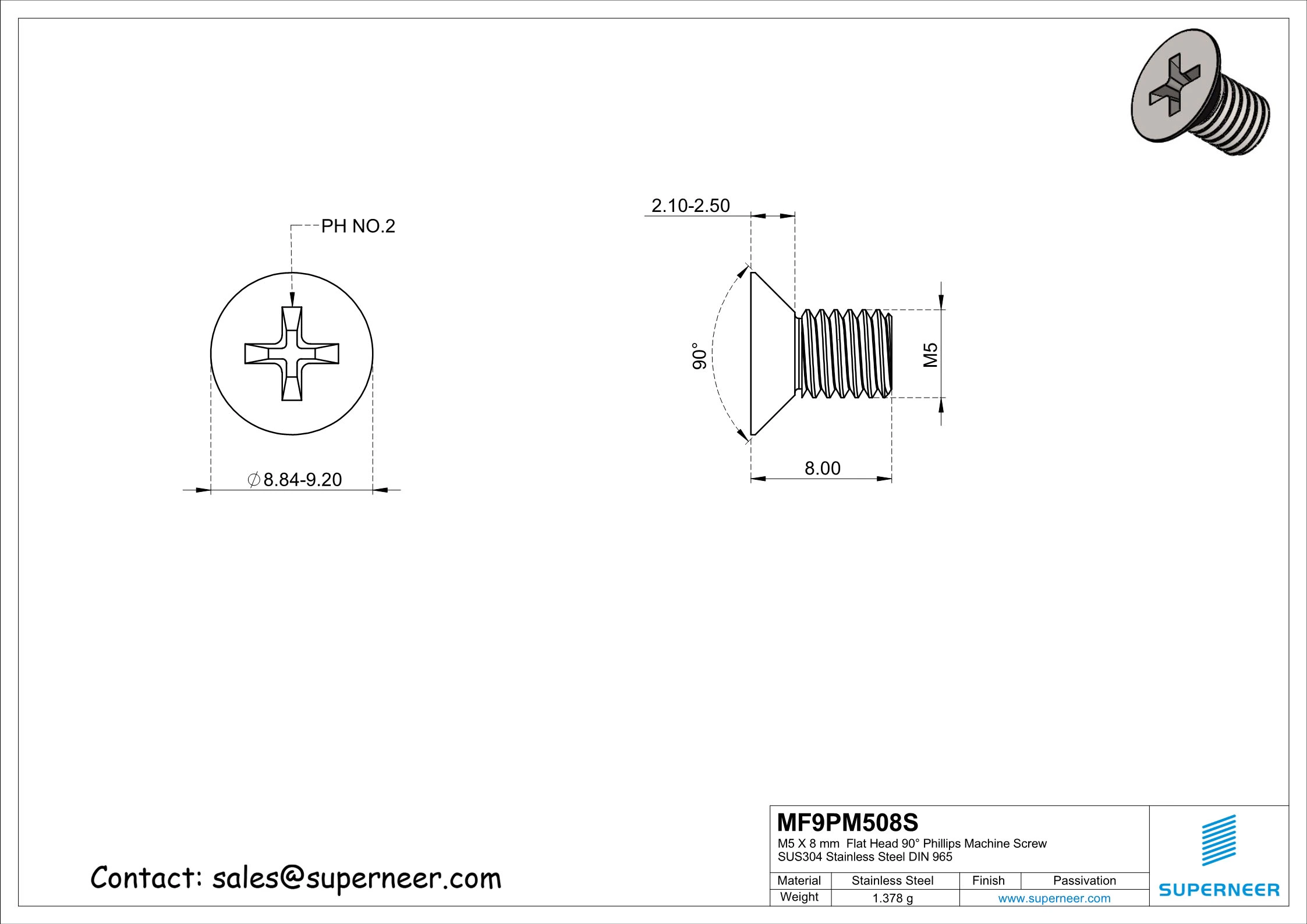 M5 x 8 mm  Flat Head 90&deg; Phillips Machine Screw SUS304 Stainless Steel Inox DIN 965
