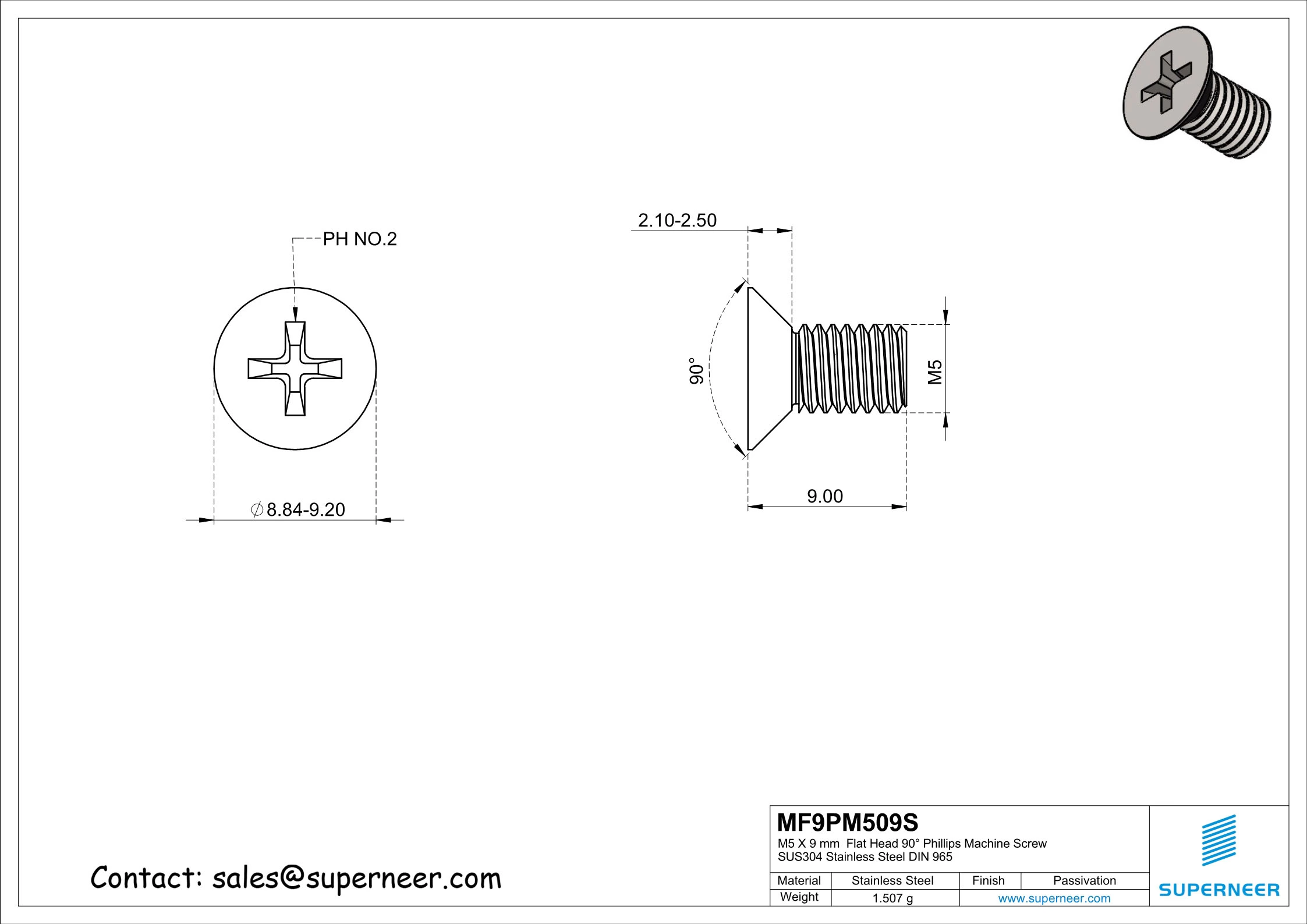 M5 x 9 mm  Flat Head 90&deg; Phillips Machine Screw SUS304 Stainless Steel Inox DIN 965