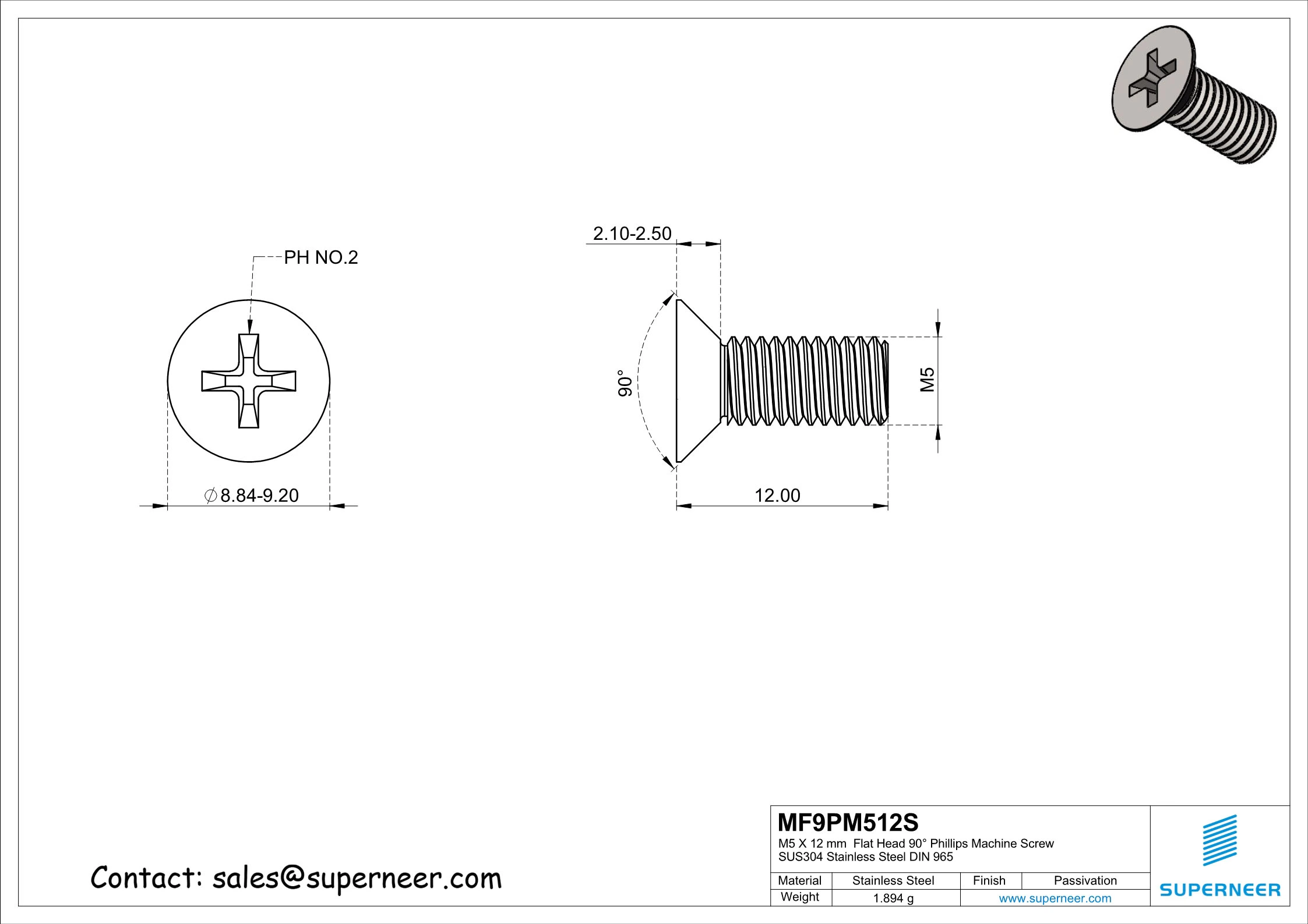 M5 x 12 mm  Flat Head 90&deg; Phillips Machine Screw SUS304 Stainless Steel Inox DIN 965
