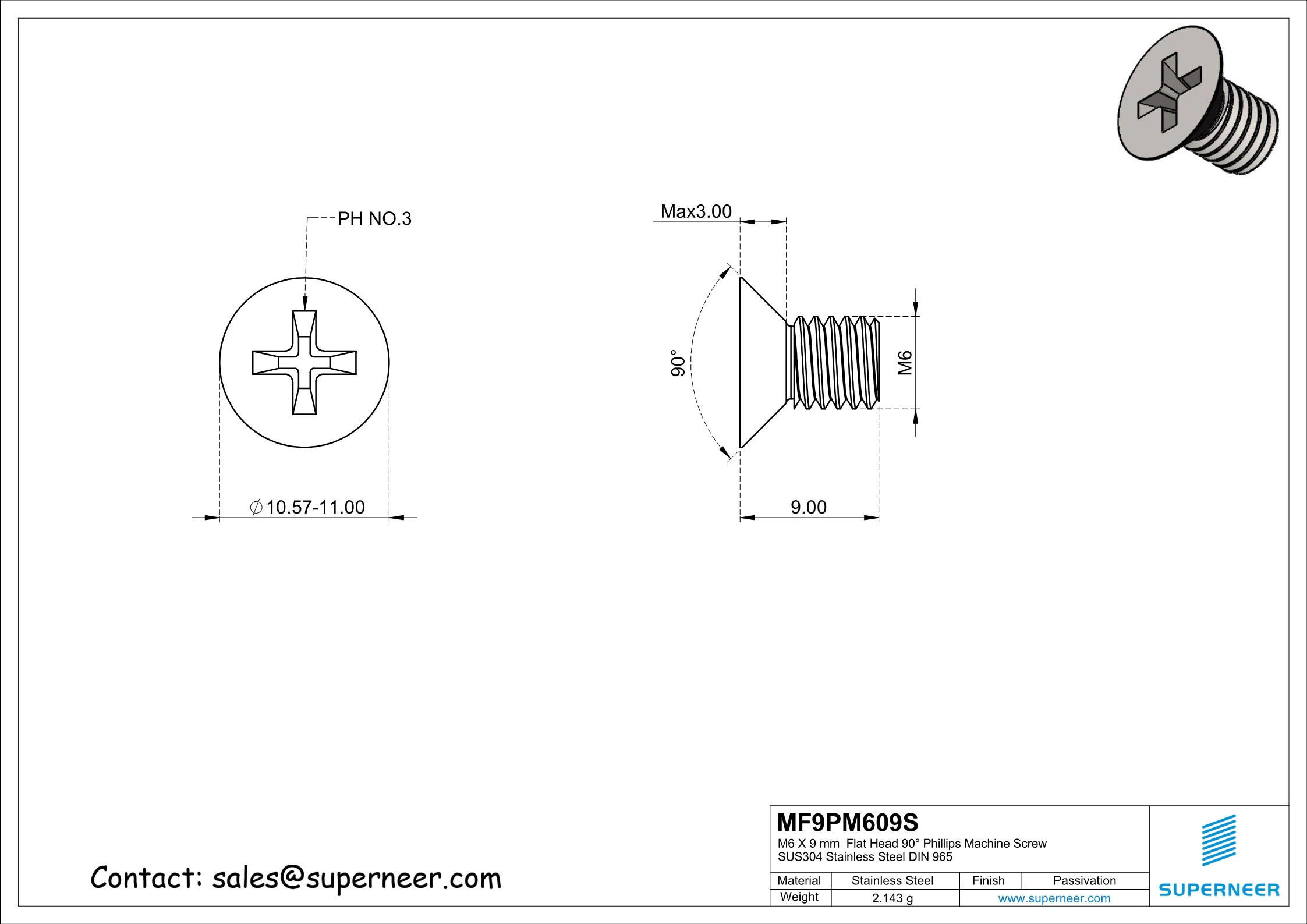M6 x 9 mm  Flat Head 90&deg; Phillips Machine Screw SUS304 Stainless Steel Inox DIN 965