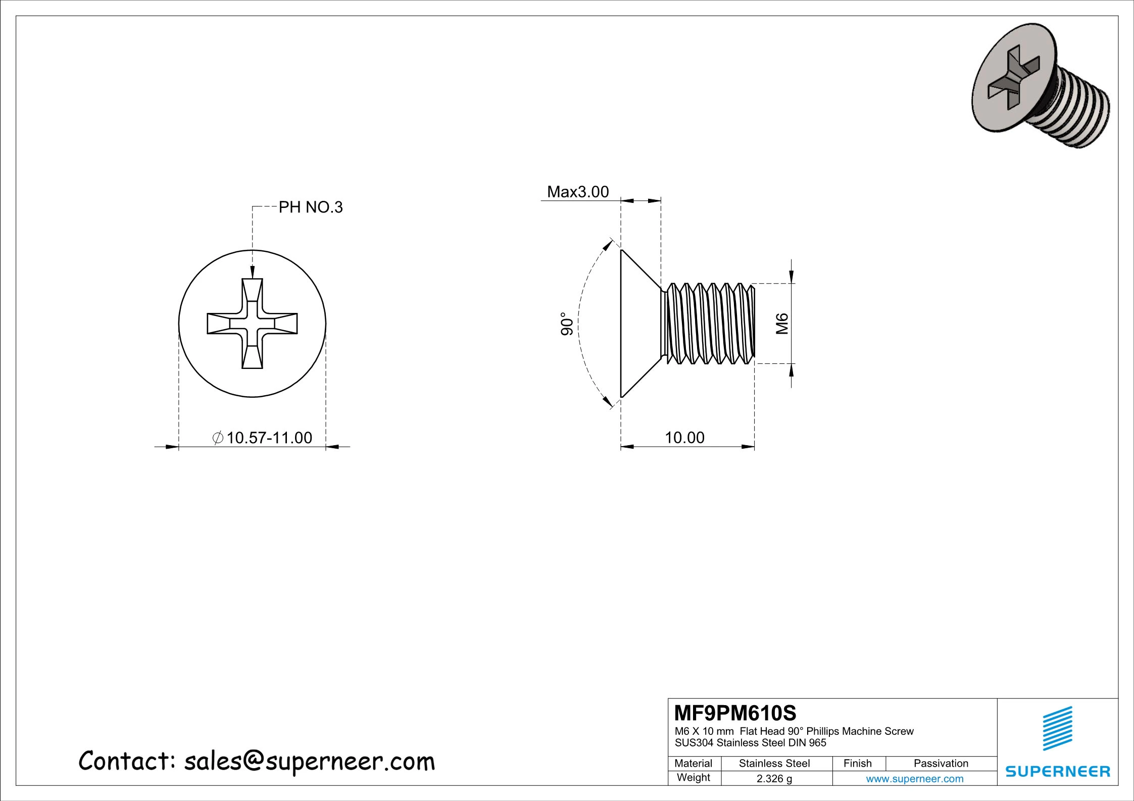 M6 x 10 mm  Flat Head 90&deg; Phillips Machine Screw SUS304 Stainless Steel Inox DIN 965