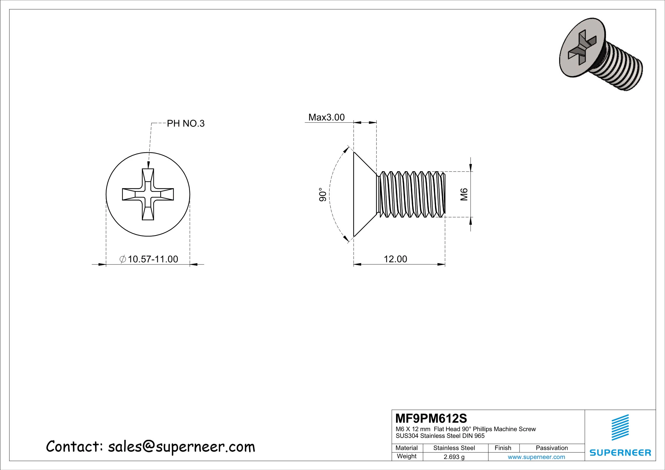 M6 x 12 mm  Flat Head 90&deg; Phillips Machine Screw SUS304 Stainless Steel Inox DIN 965
