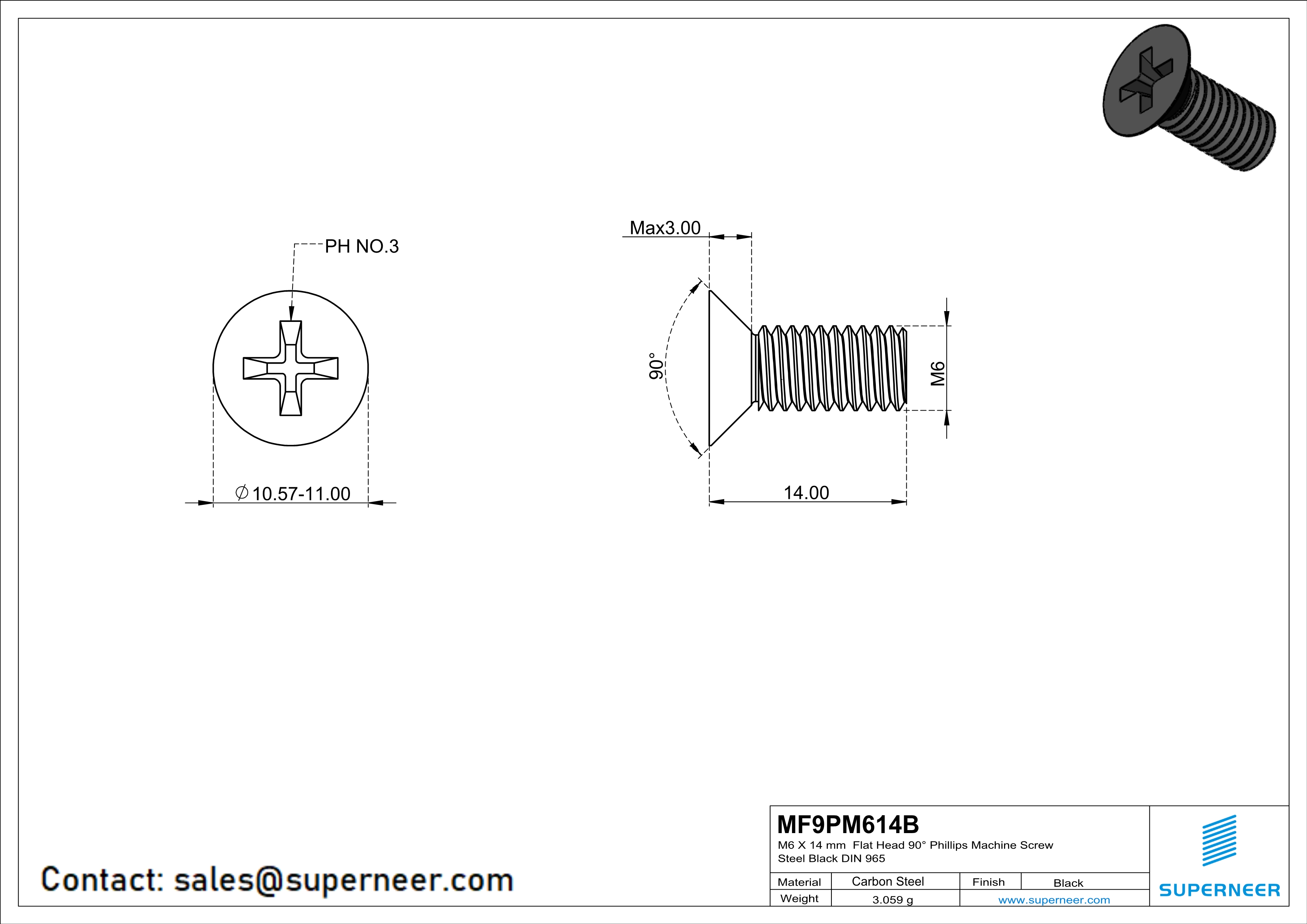 M6 x 14 mm Flat Head 90&deg; Phillips Machine Screw Steel Black DIN 965