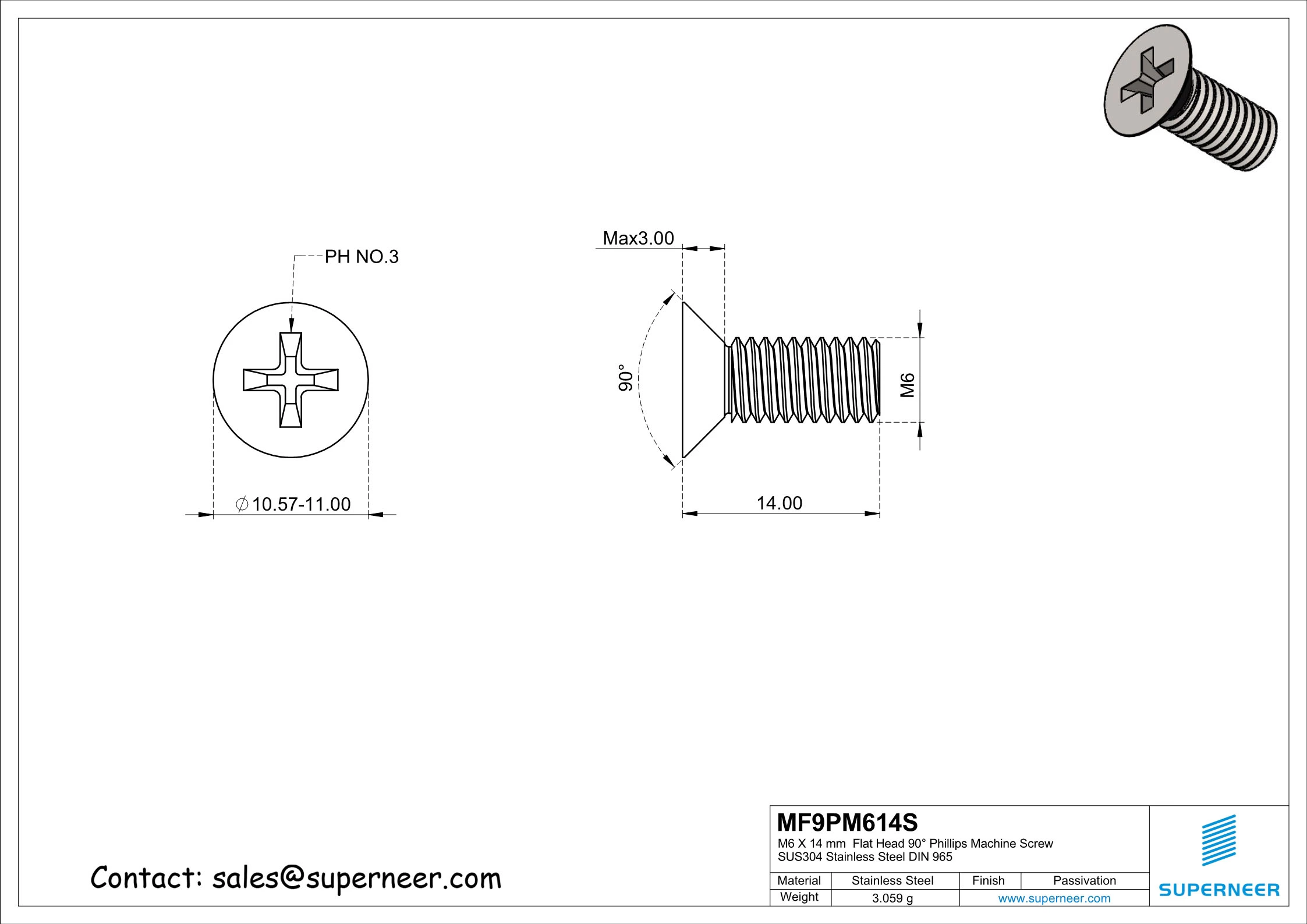 M6 x 14 mm  Flat Head 90&deg; Phillips Machine Screw SUS304 Stainless Steel Inox DIN 965