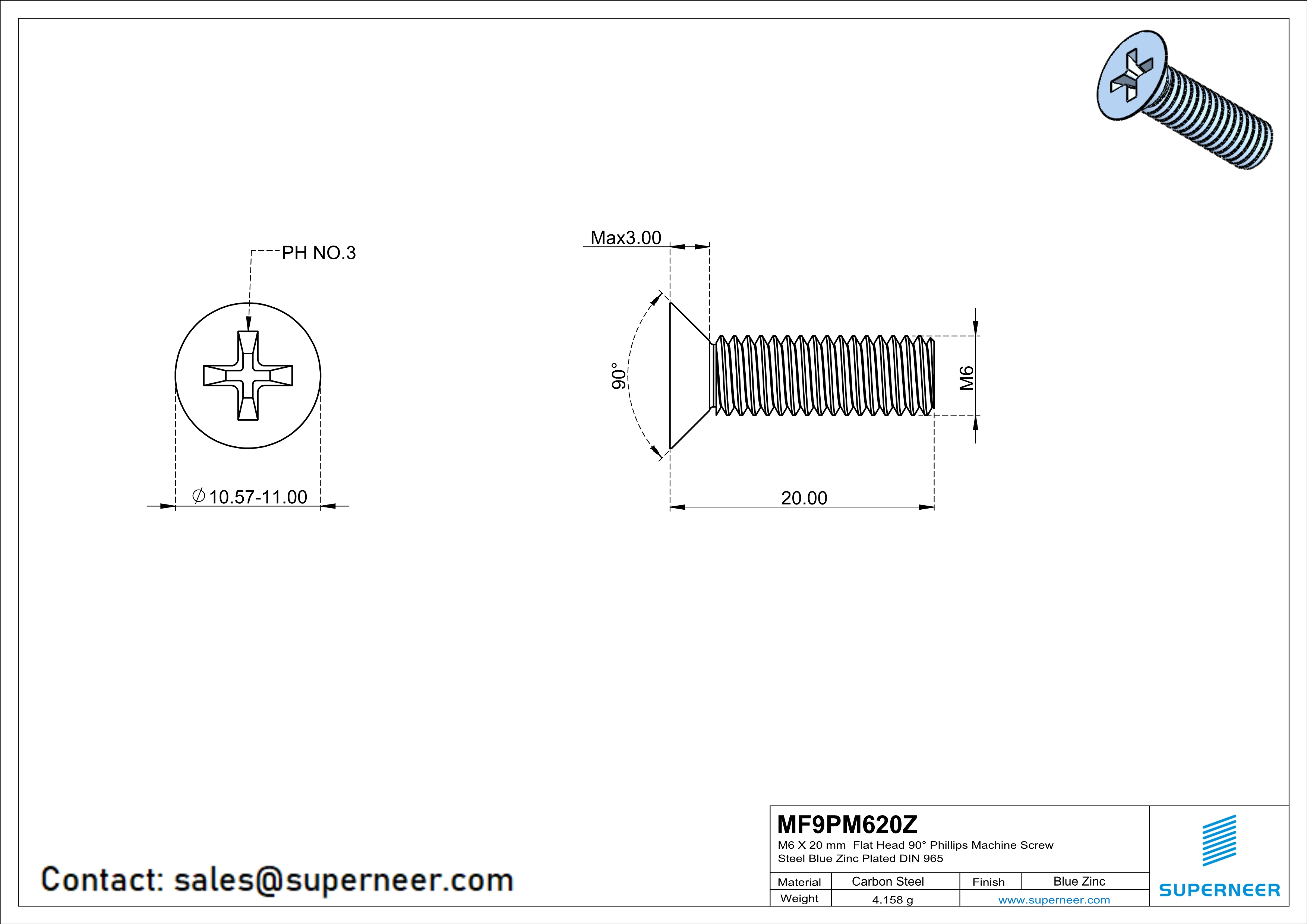 M6 x 20mm Flat Head 90&deg; Phillips Machine Screw Steel Blue Zinc Plated DIN 965