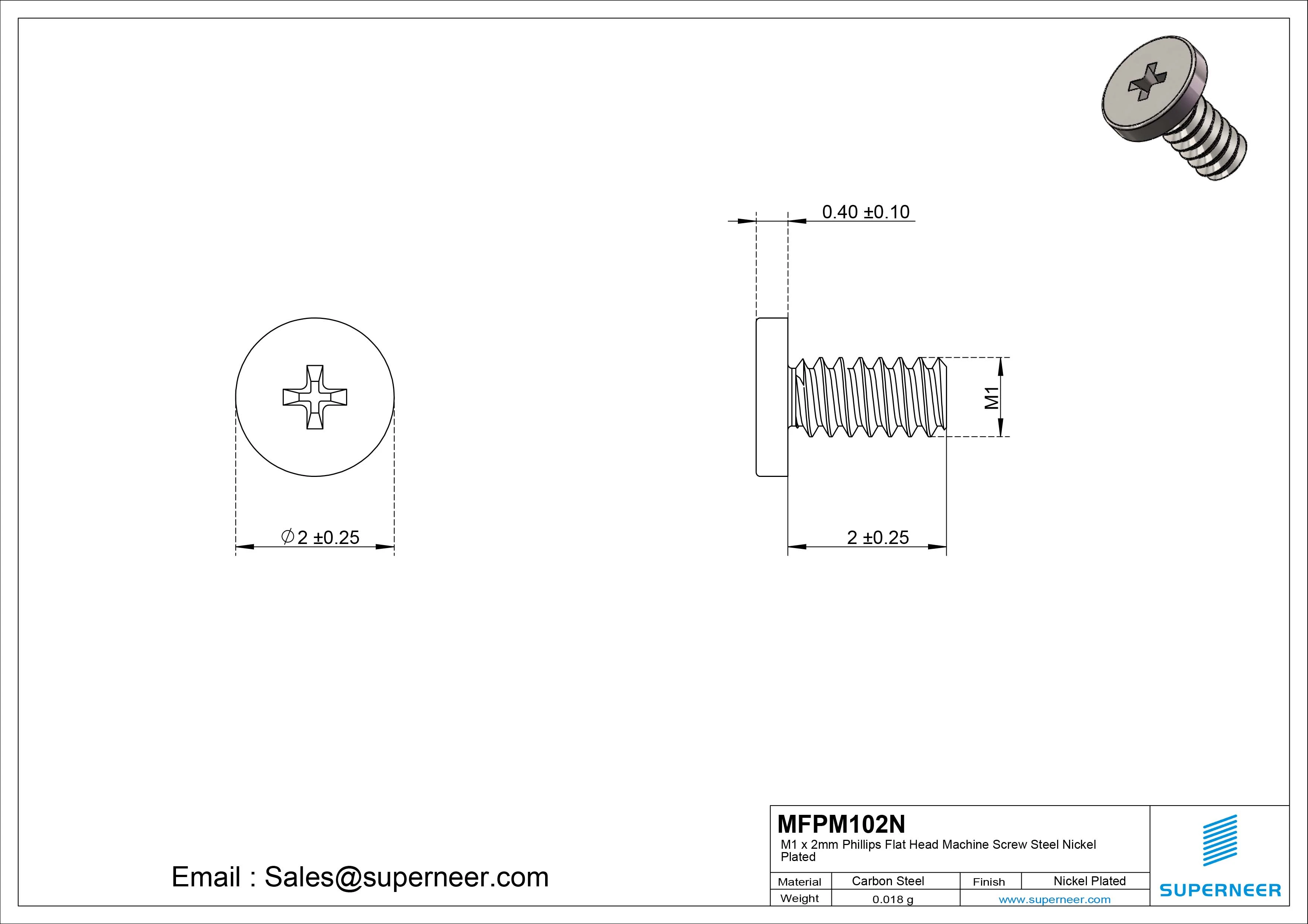 M1 x 2mm Phillips Flat Head Machine Screw Carbon Steel Nickel Plated 