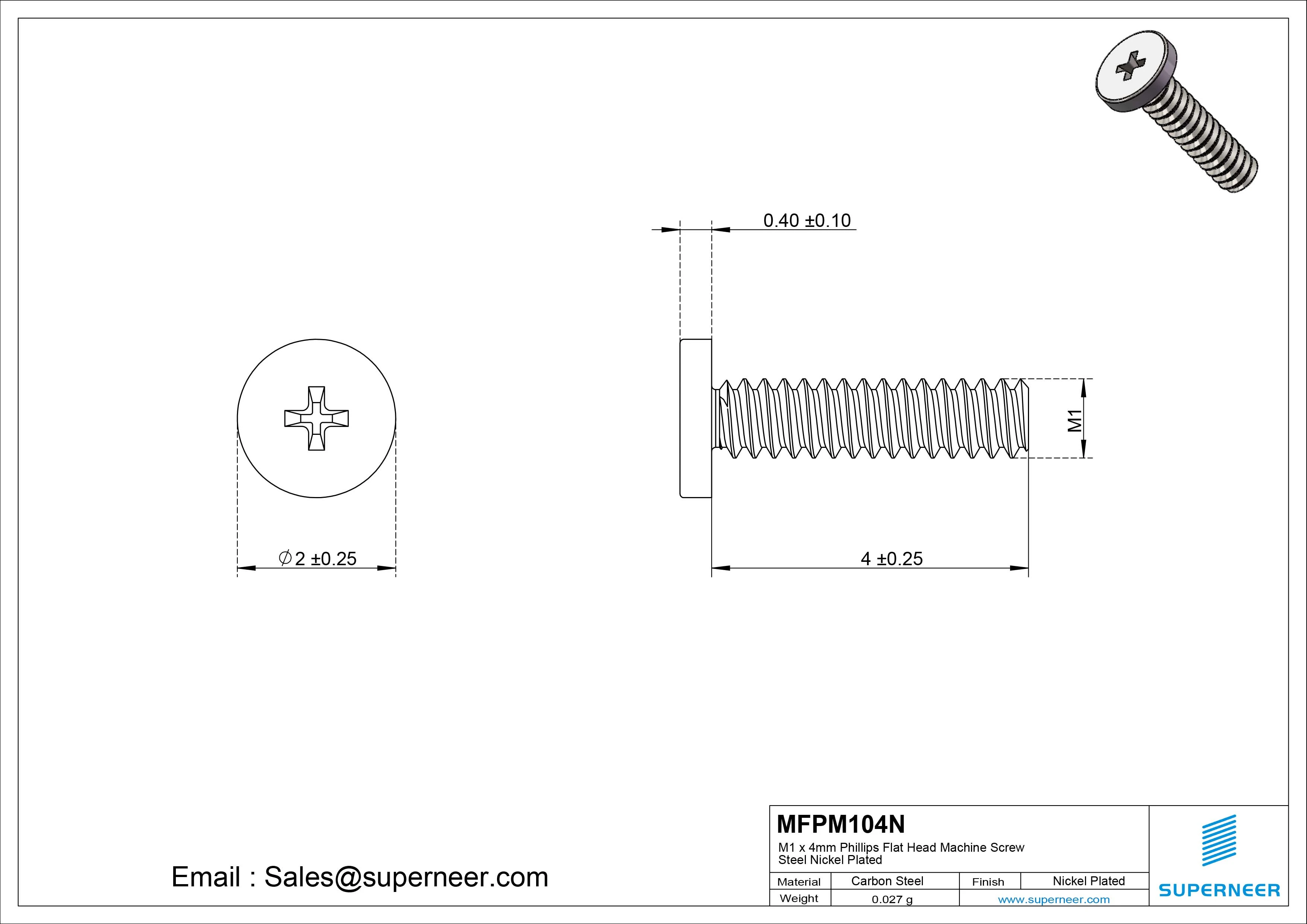 M1 x 4mm Phillips Flat Head Machine Screw Carbon Steel Nickel Plated 