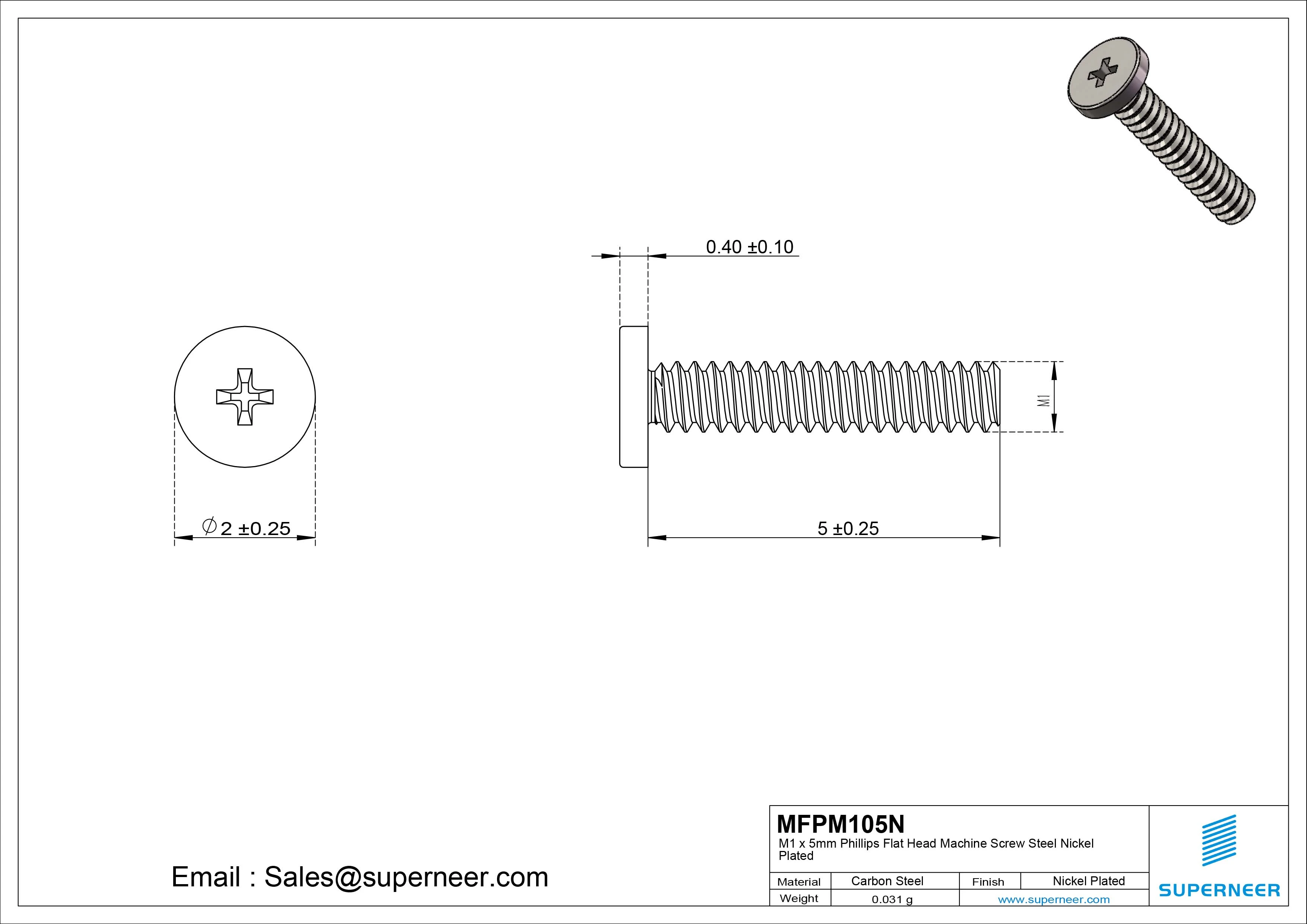 M1 x 5mm Phillips Flat Head Machine Screw Carbon Steel Nickel Plated 
