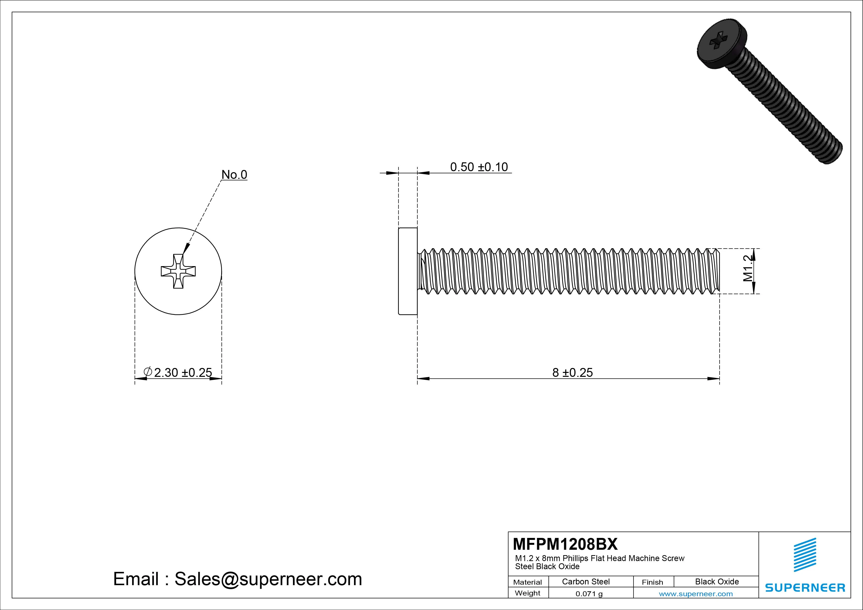M1.2 x 8mm Phillips Flat Head Machine Screw Steel Black Oxide