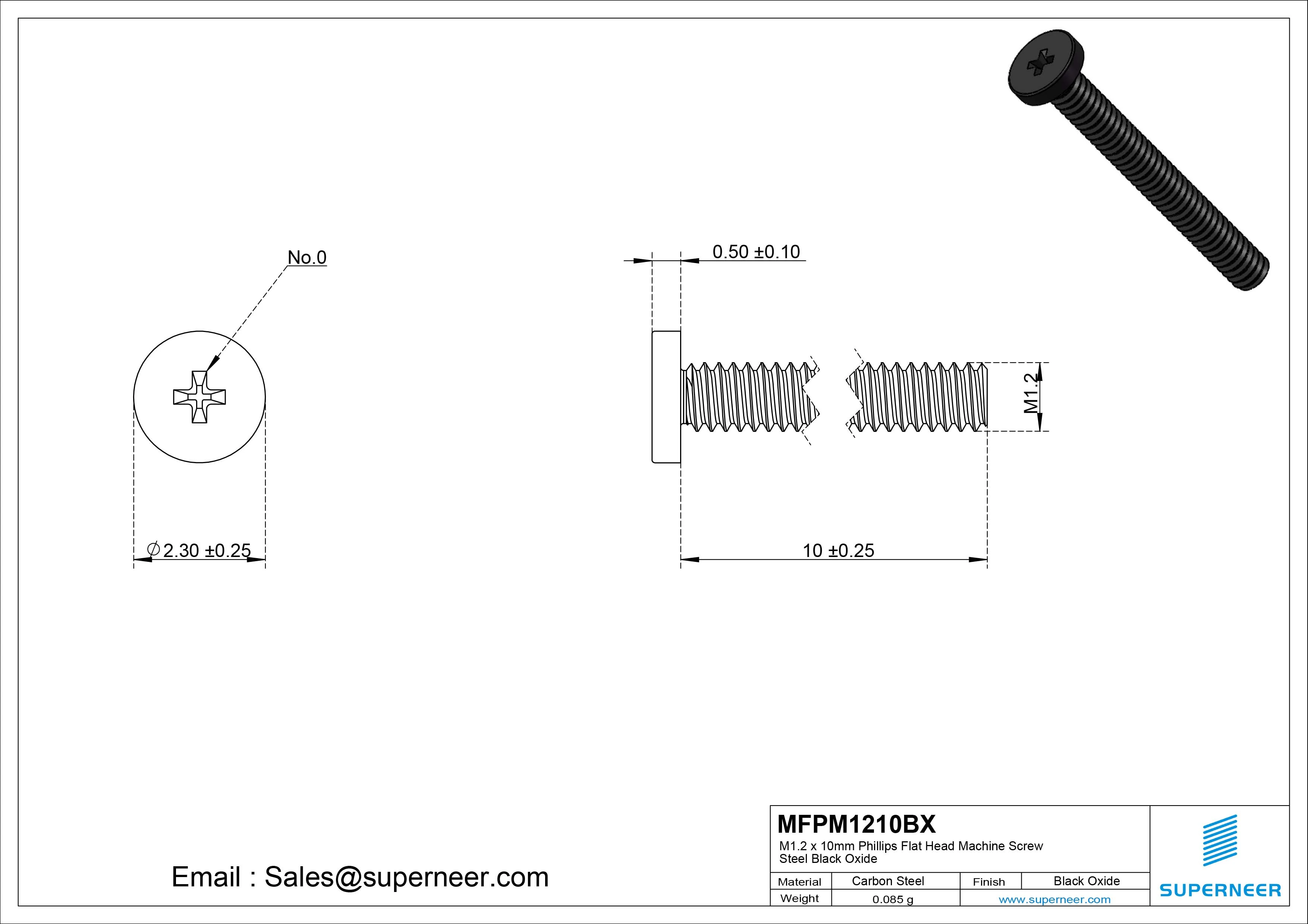 M1.2 x 10mm Phillips Flat Head Machine Screw Steel Black Oxide