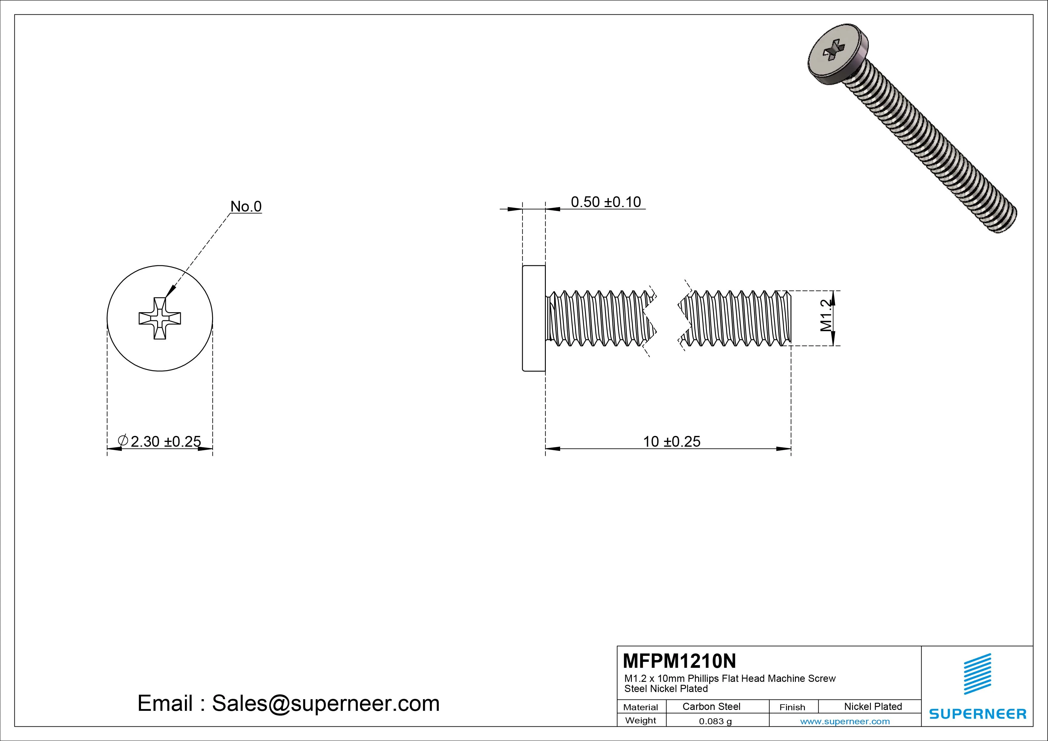 M1.2 x 10mm Phillips Flat Head Machine Screw Carbon Steel Nickel Plated 