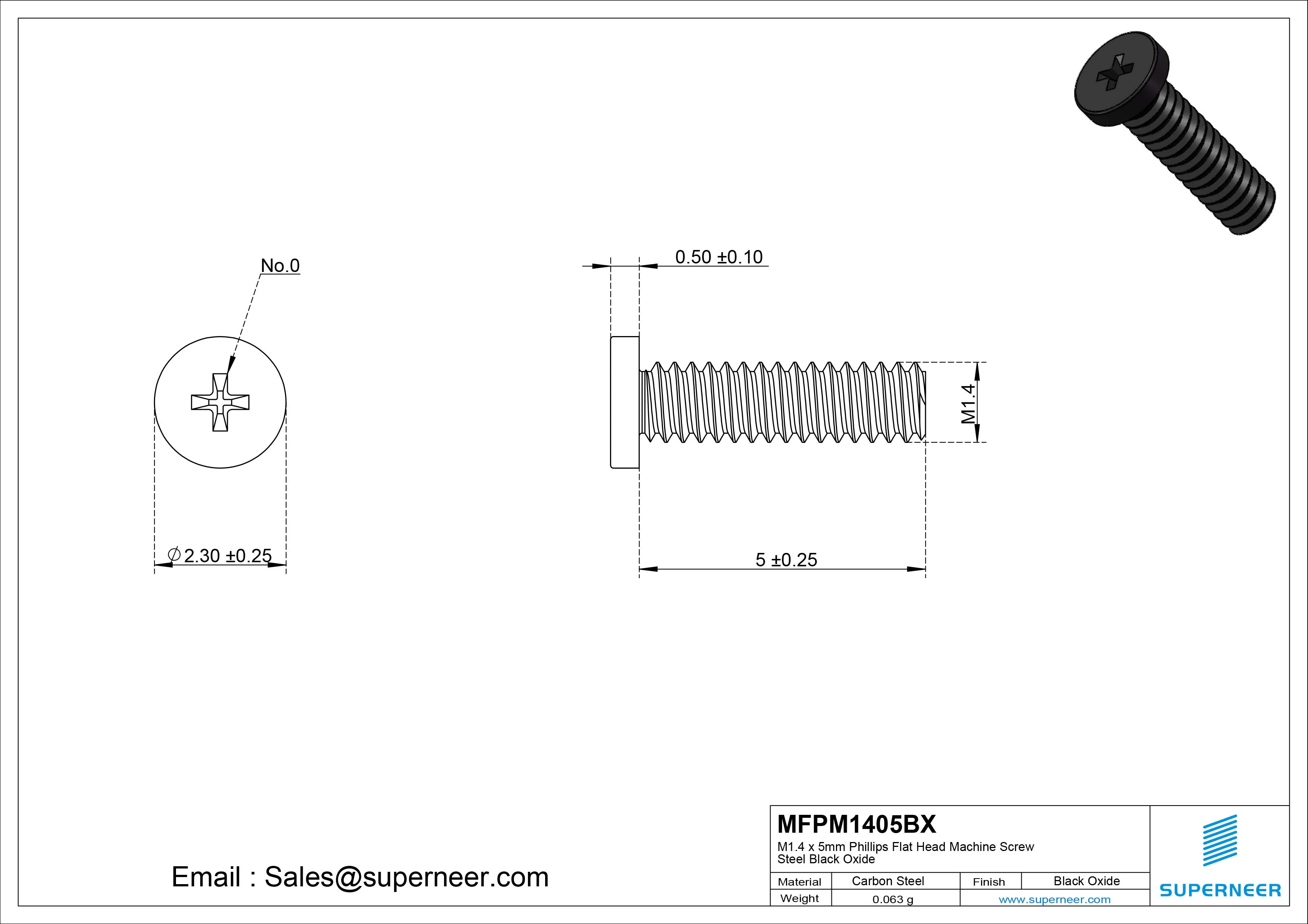 M1.4 x 5mm Phillips Flat Head Machine Screw Steel Black Oxide