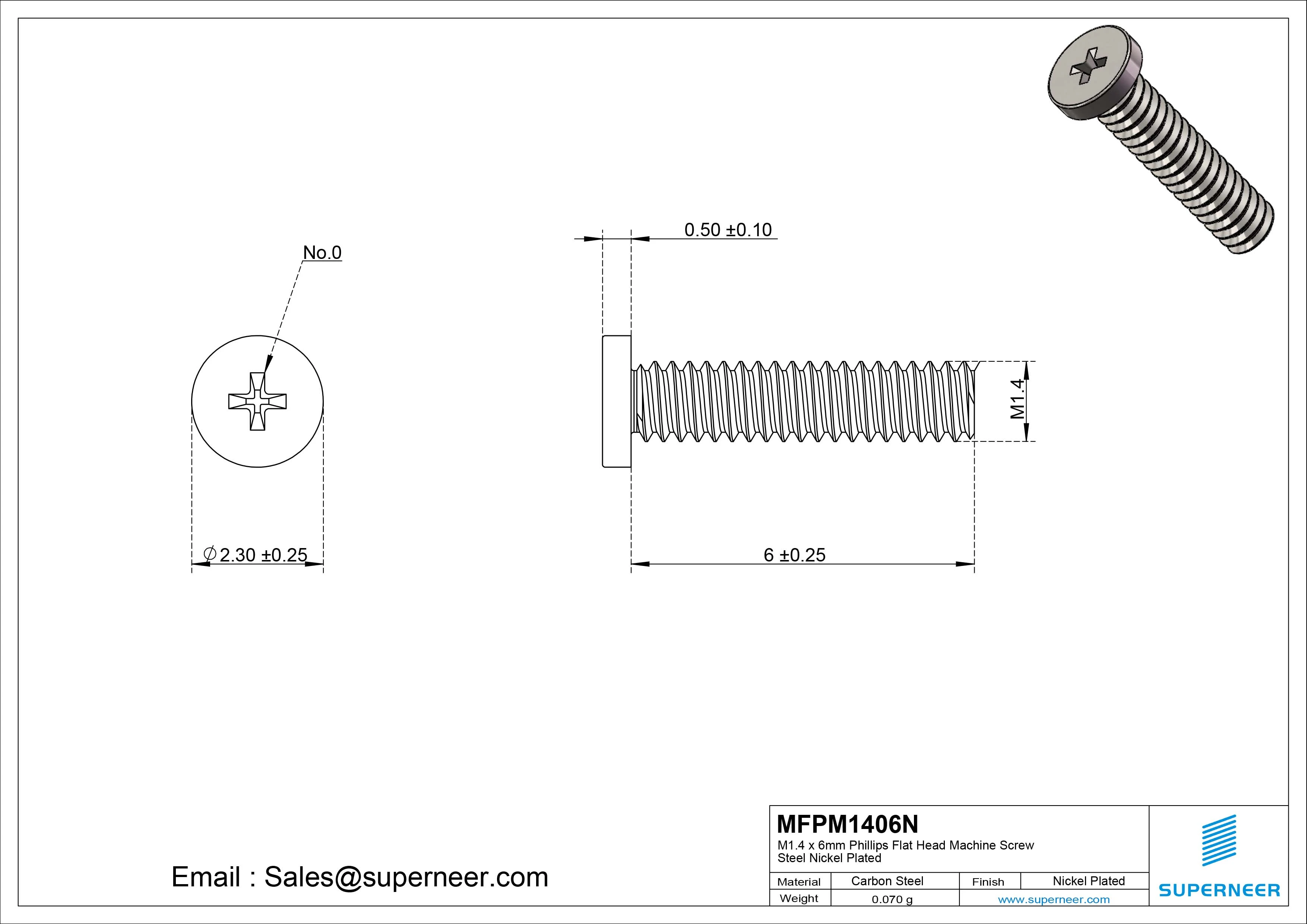 M1.4 x 6mm Phillips Flat Head Machine Screw Carbon Steel Nickel Plated 