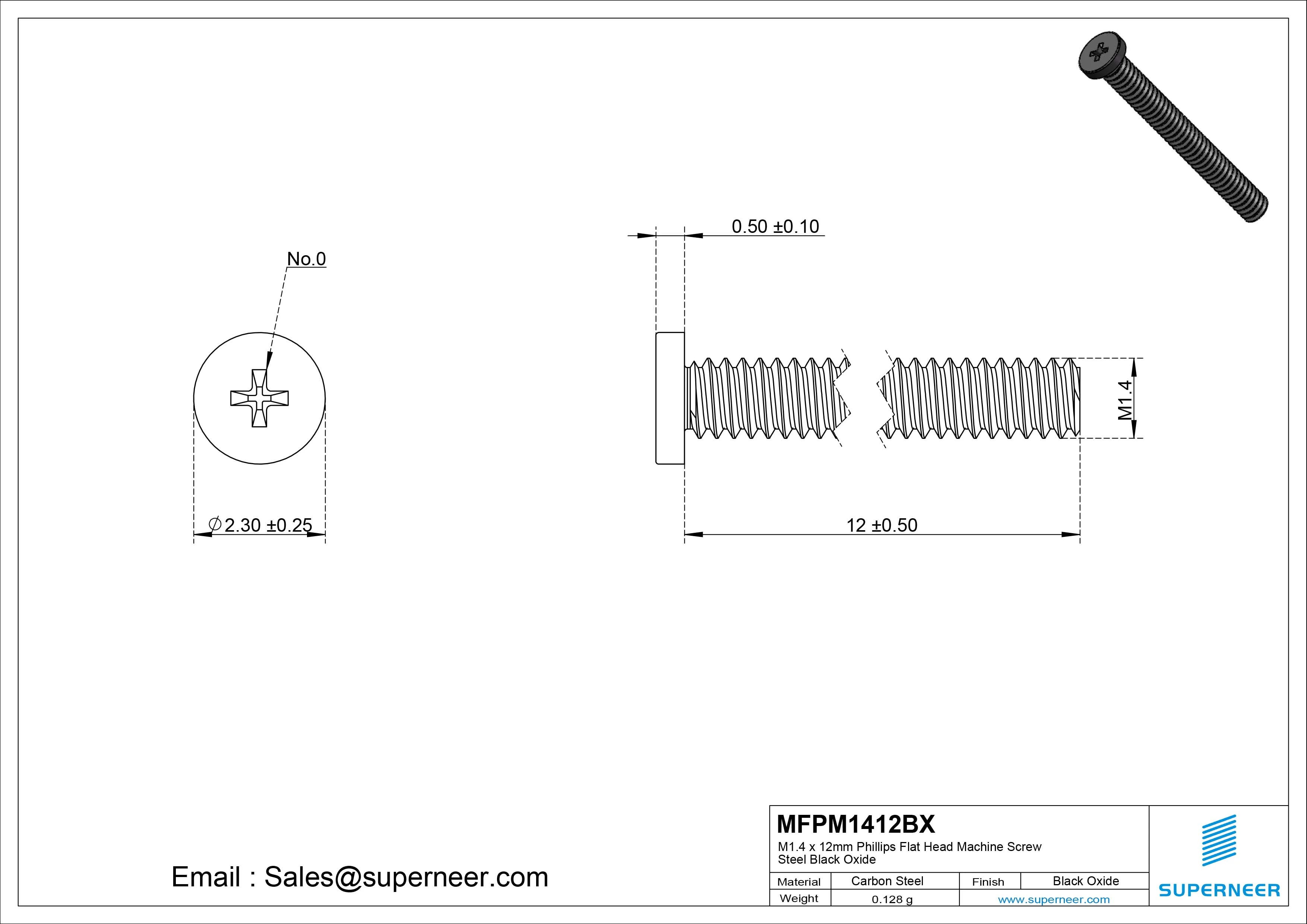 M1.4 x 12mm Phillips Flat Head Machine Screw Steel Black Oxide