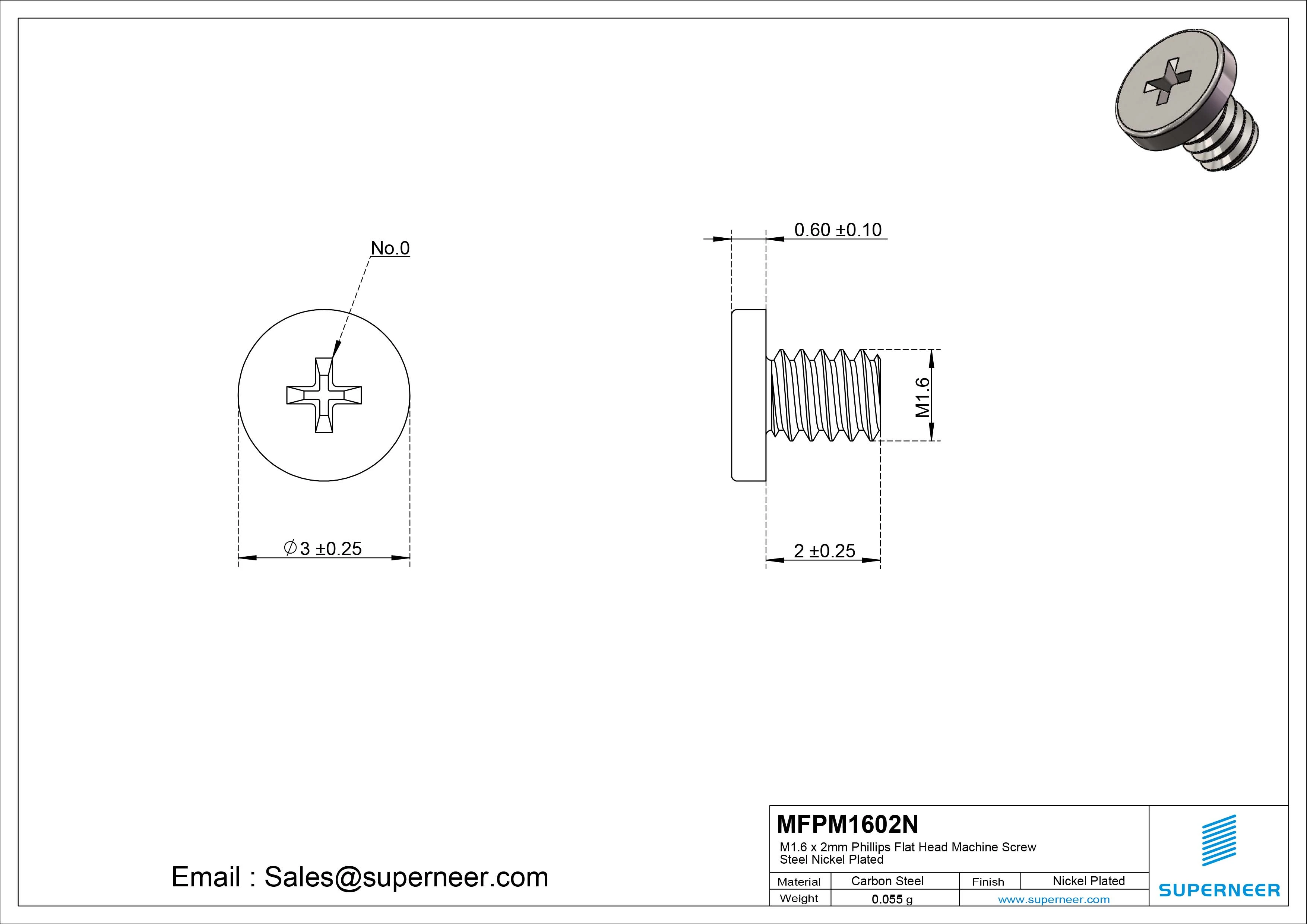 M1.6 x 2mm Phillips Flat Head Machine Screw Carbon Steel Nickel Plated 