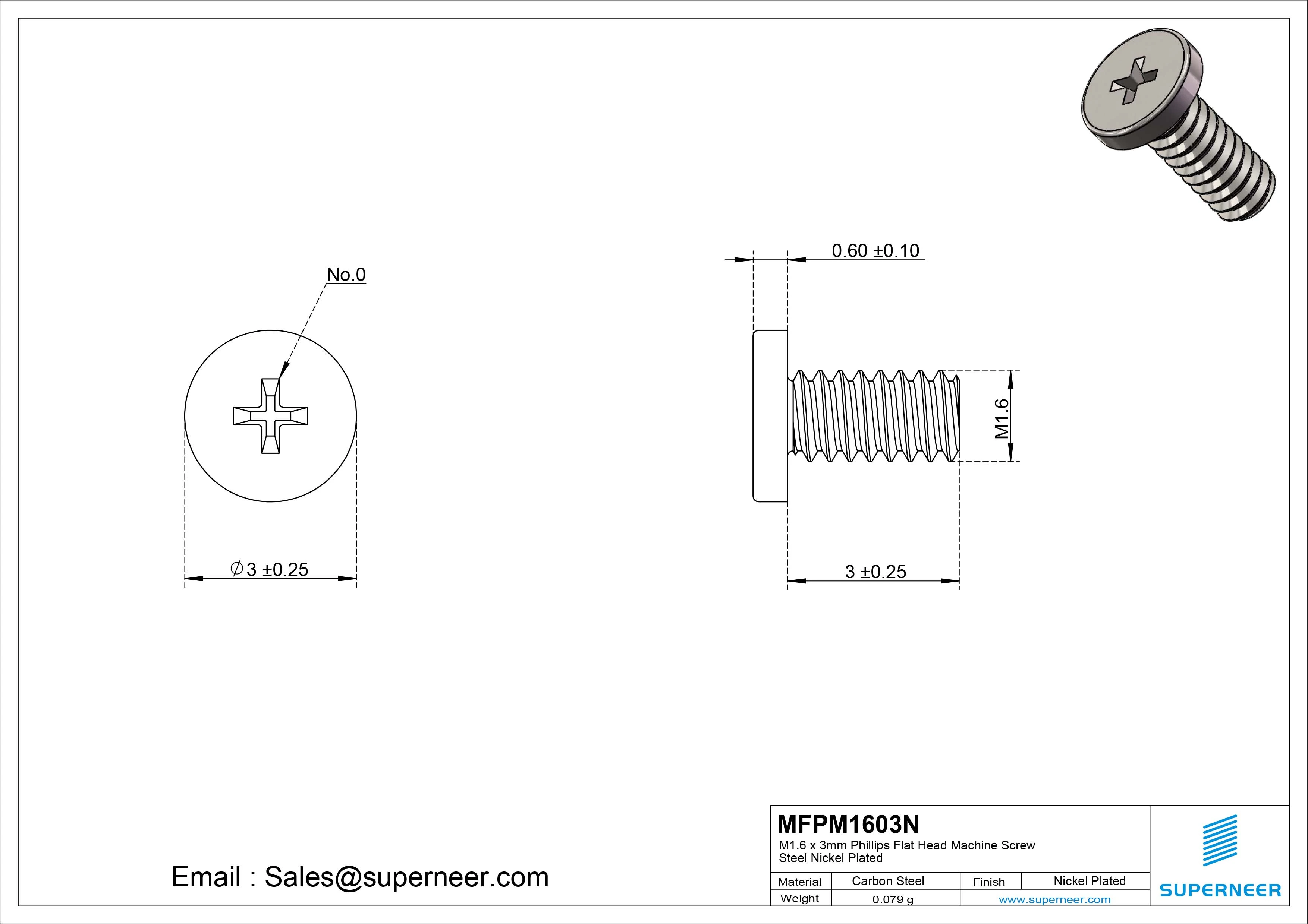 M1.6 x 3mm Phillips Flat Head Machine Screw Carbon Steel Nickel Plated 