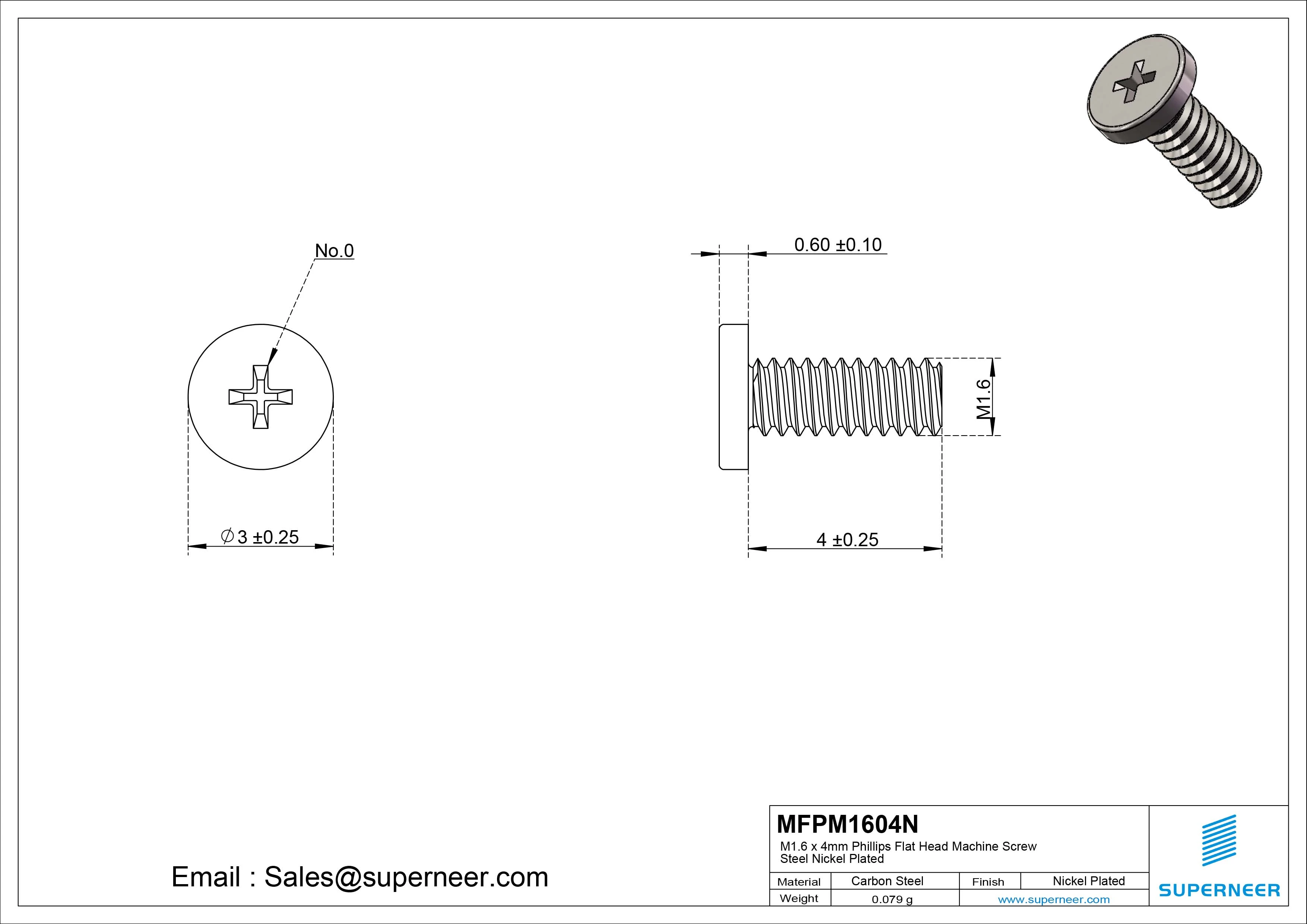 M1.6 x 4mm Phillips Flat Head Machine Screw Carbon Steel Nickel Plated 