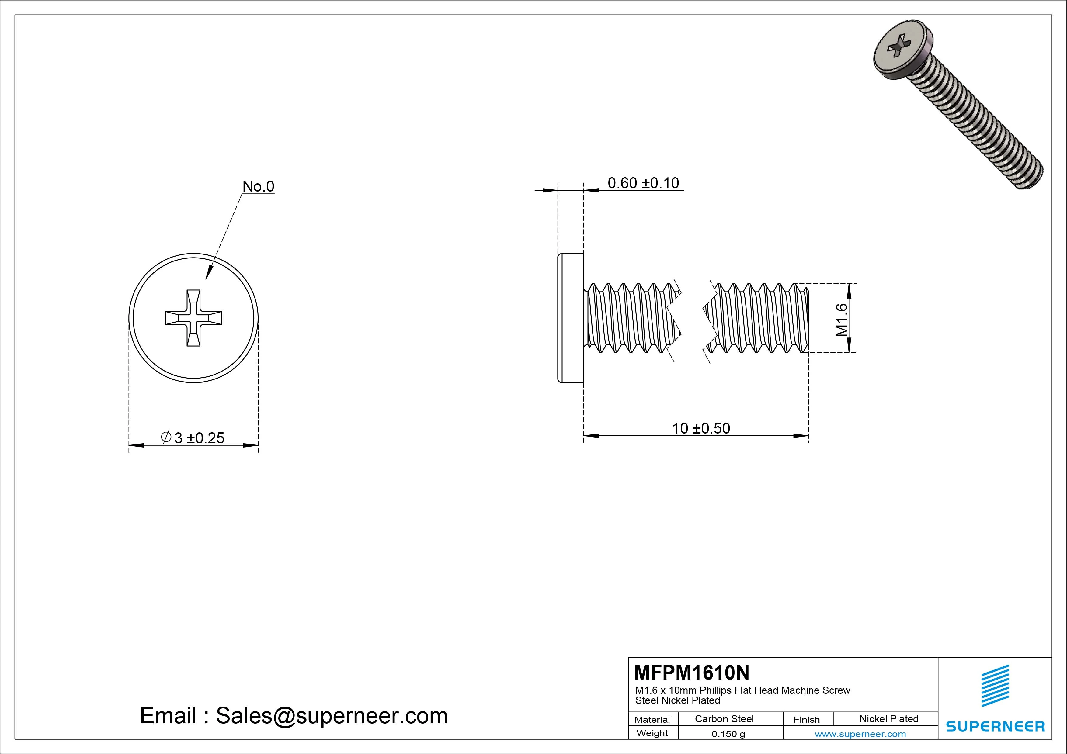 M1.6 x 10mm Phillips Flat Head Machine Screw Carbon Steel Nickel Plated 