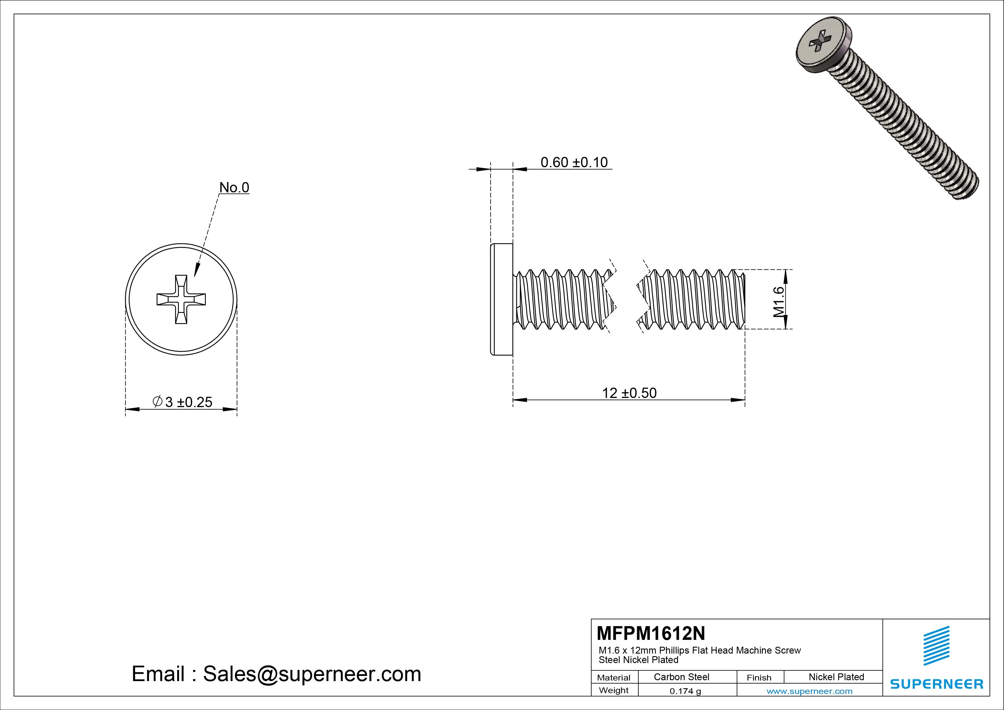 M1.6 x 12mm Phillips Flat Head Machine Screw Carbon Steel Nickel Plated 