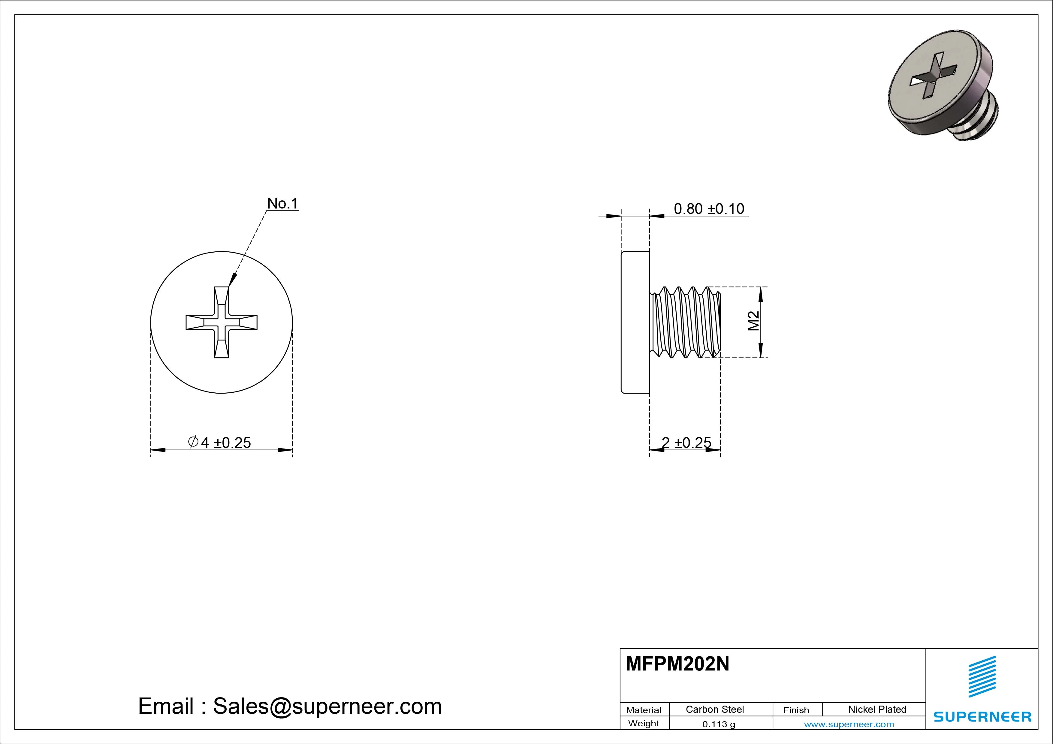 M2 x 2mm Phillips Flat Head Machine Screw Carbon Steel Nickel Plated 
