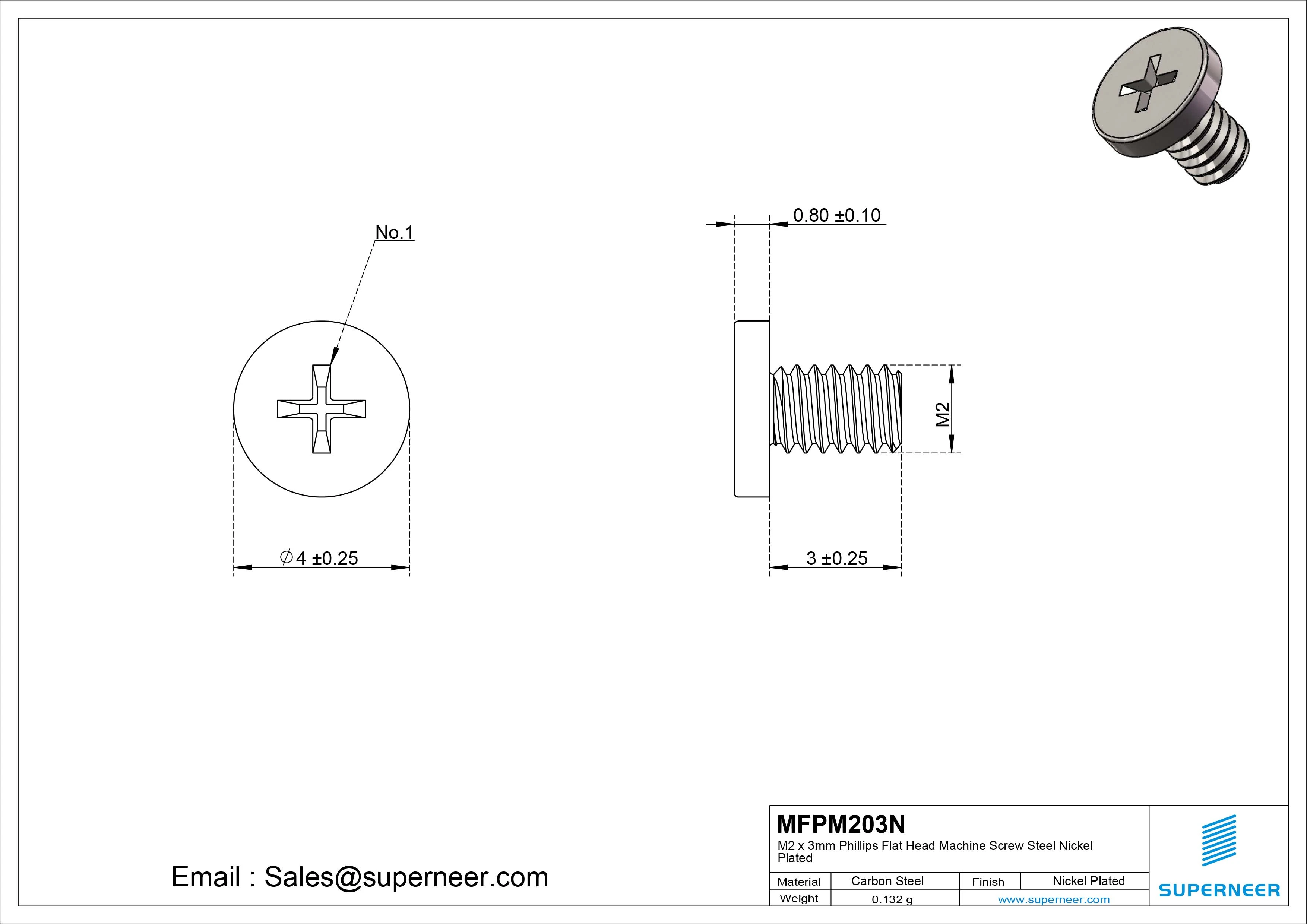 M2 x 3mm Phillips Flat Head Machine Screw Carbon Steel Nickel Plated 