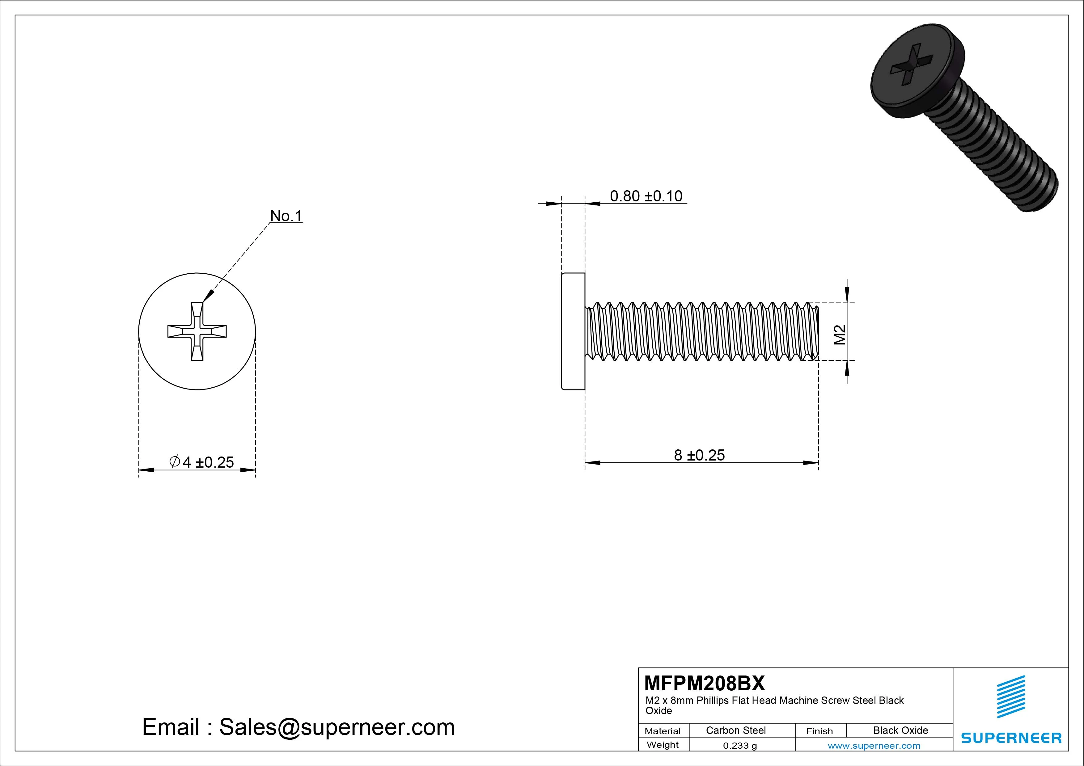 M2 x 8mm Phillips Flat Head Machine Screw Steel Black Oxide