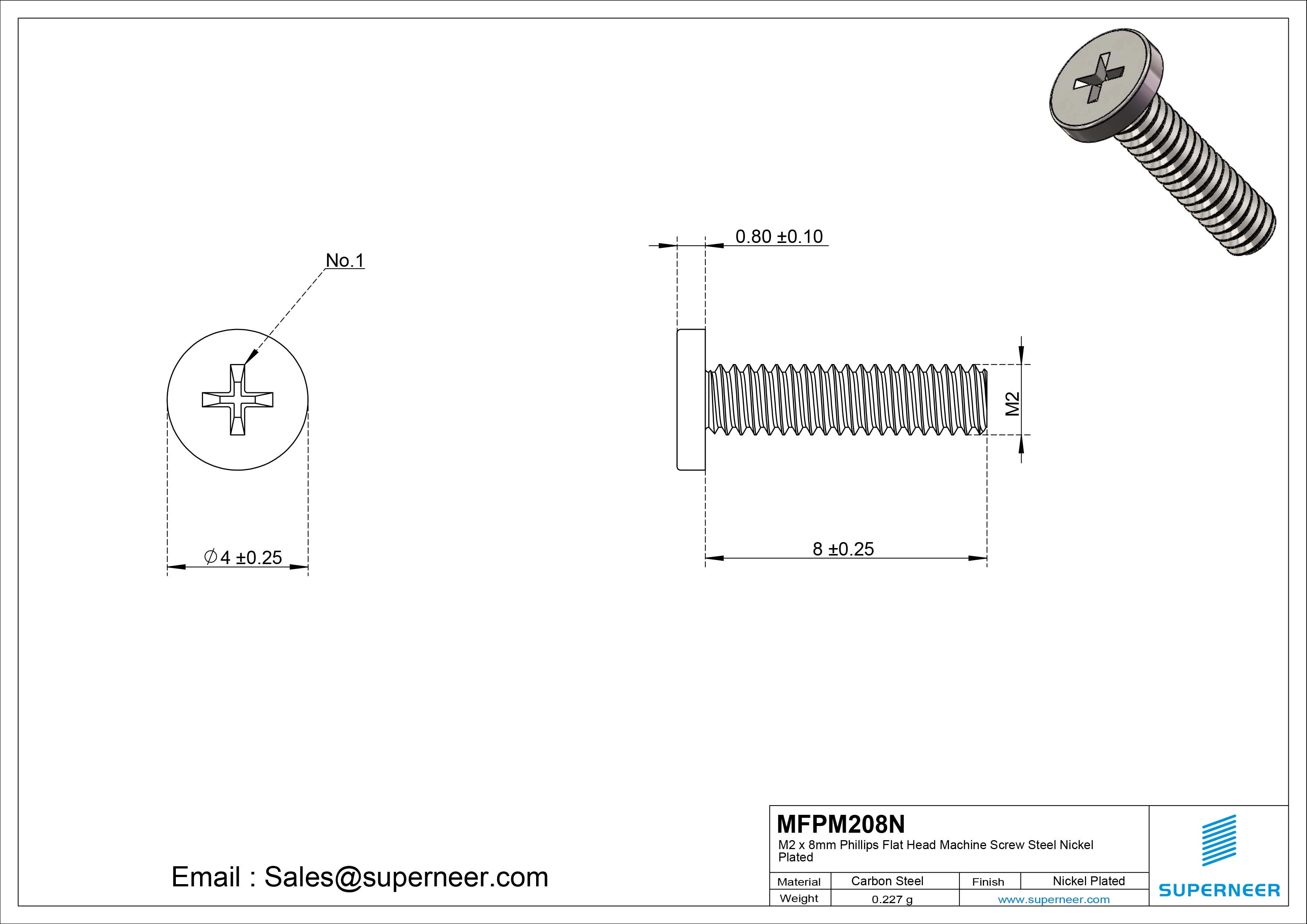 M2 x 8mm Phillips Flat Head Machine Screw Carbon Steel Nickel Plated 