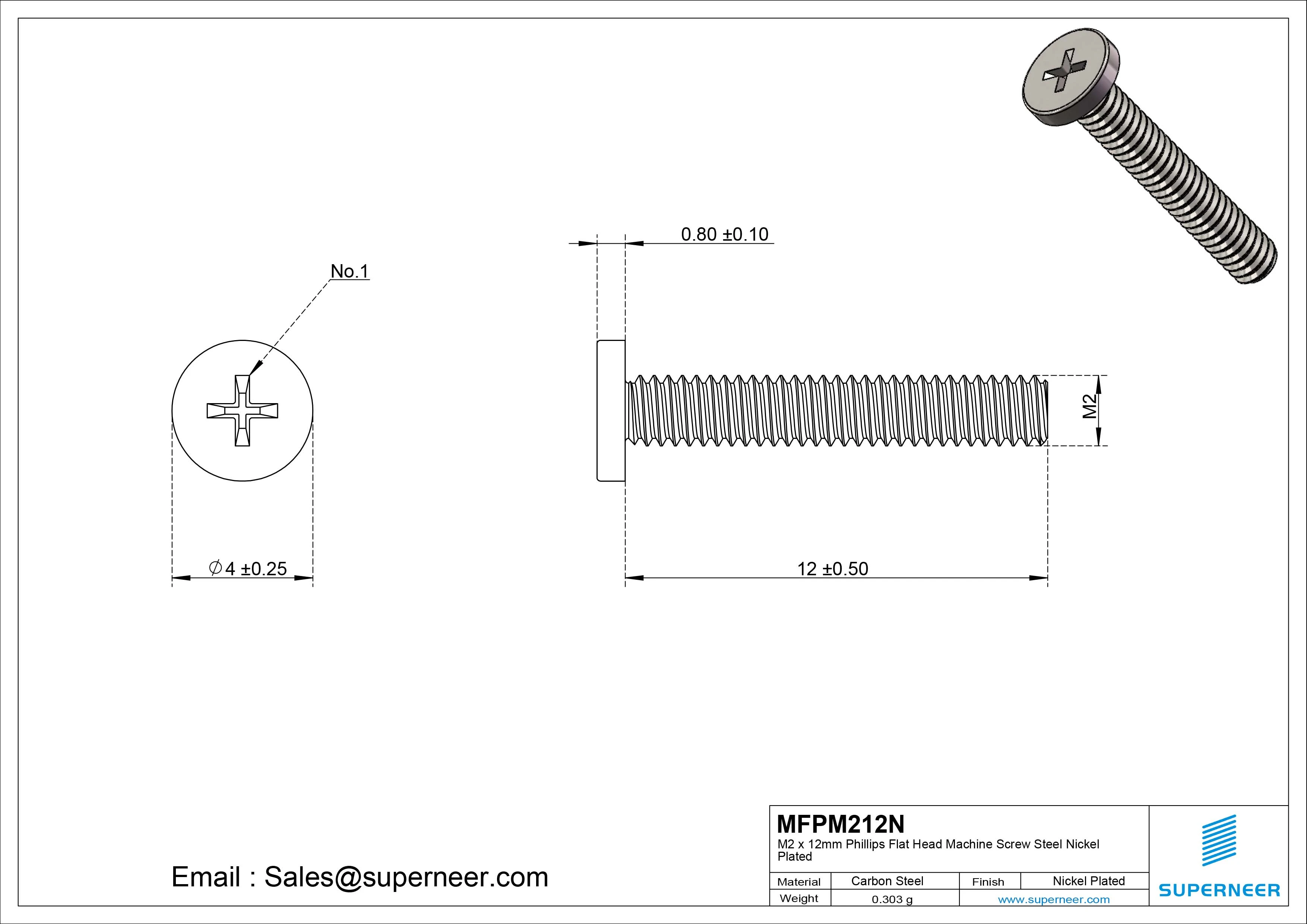 M2 x 12mm Phillips Flat Head Machine Screw Carbon Steel Nickel Plated 