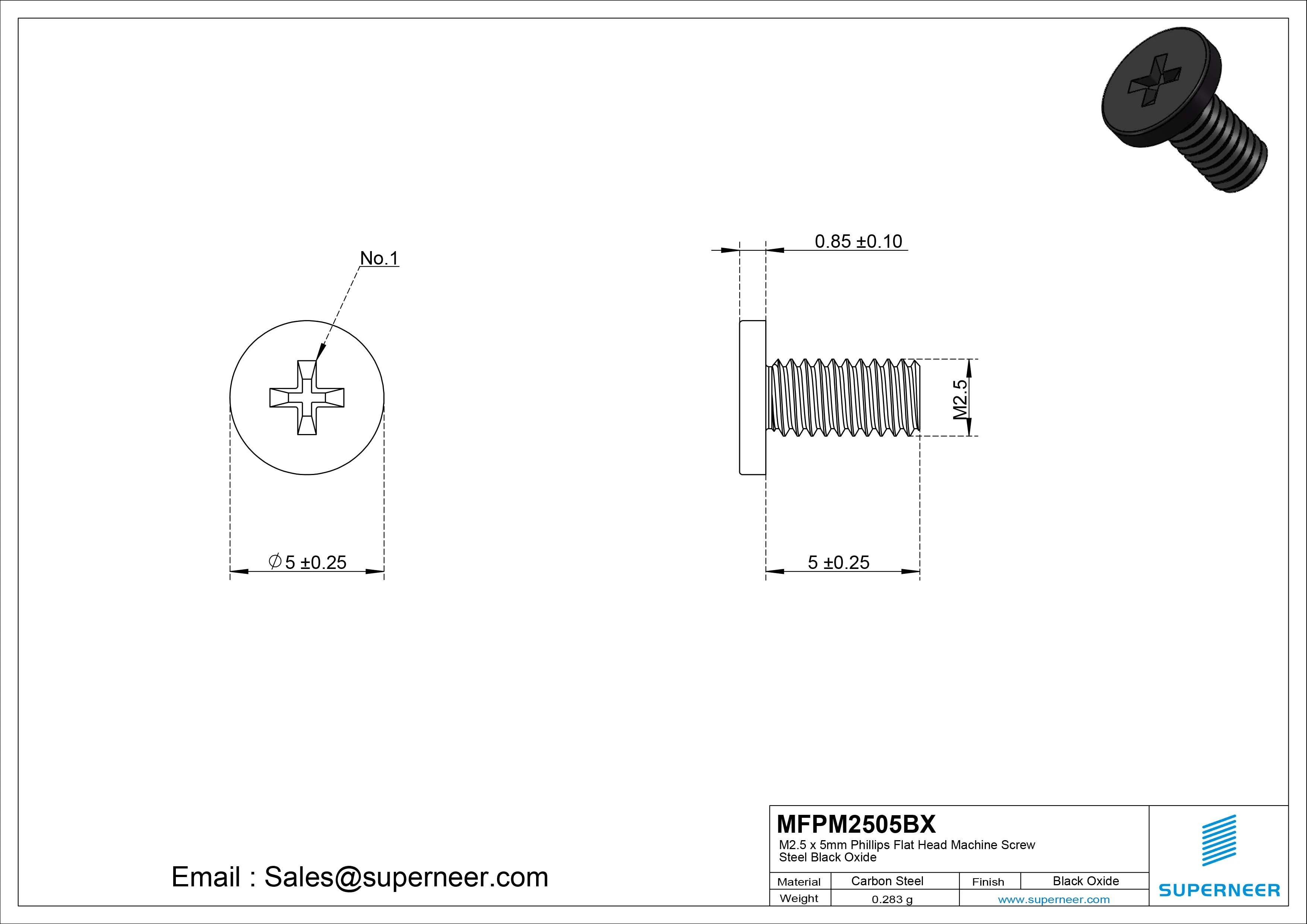 M2.5 x 5mm Phillips Flat Head Machine Screw Steel Black Oxide