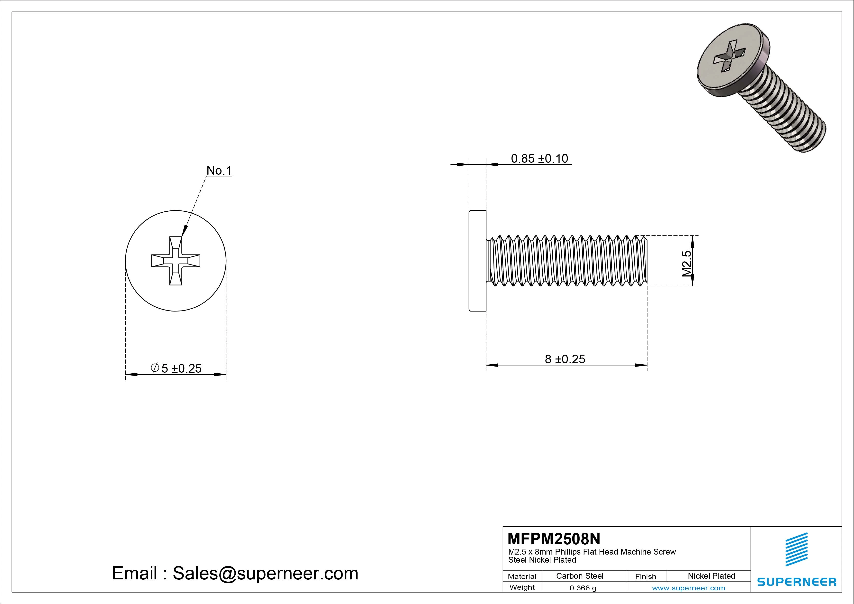 M2.5 x 8mm Phillips Flat Head Machine Screw Carbon Steel Nickel Plated 