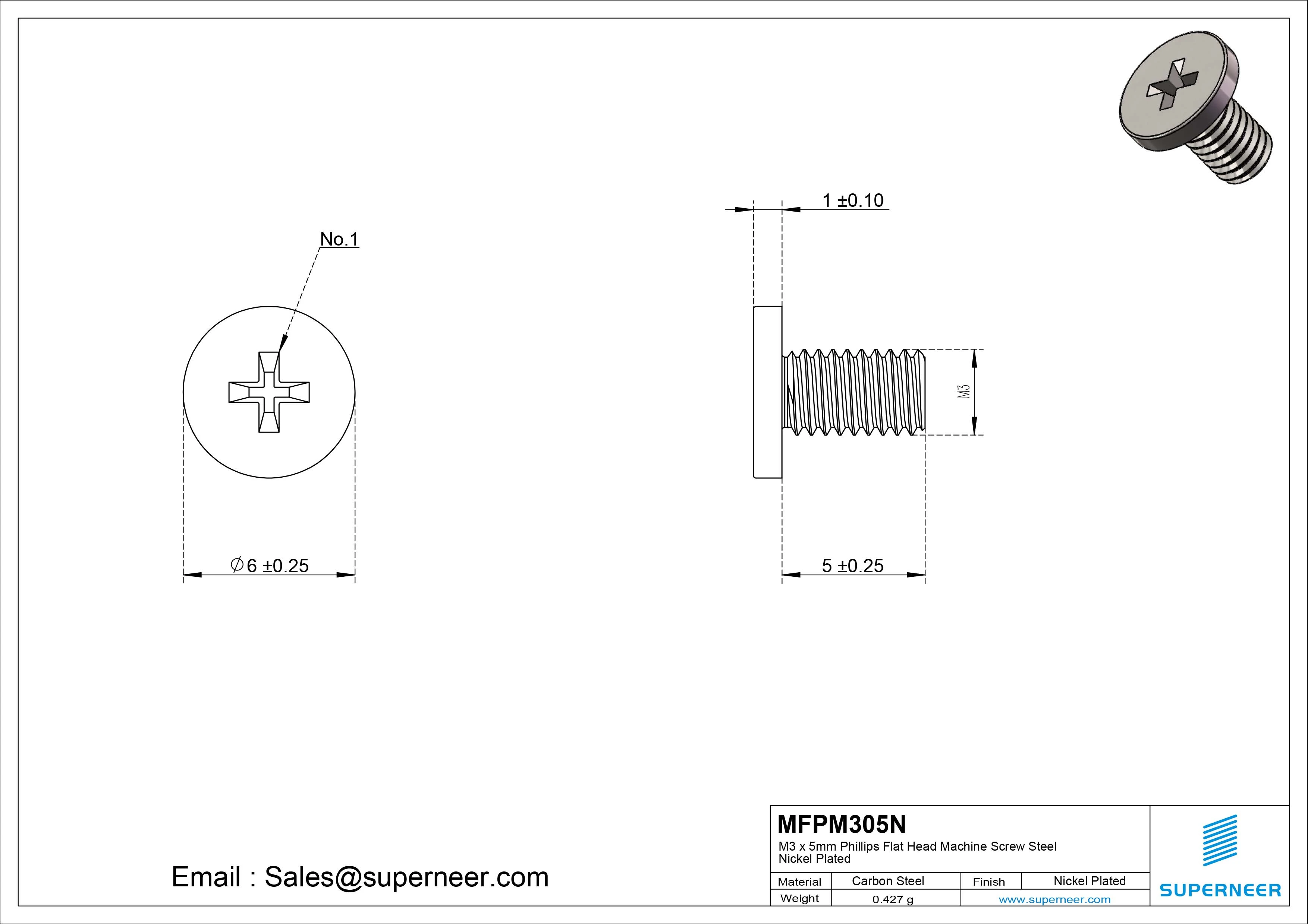 M3 x 5mm Phillips Flat Head Machine Screw Carbon Steel Nickel Plated 