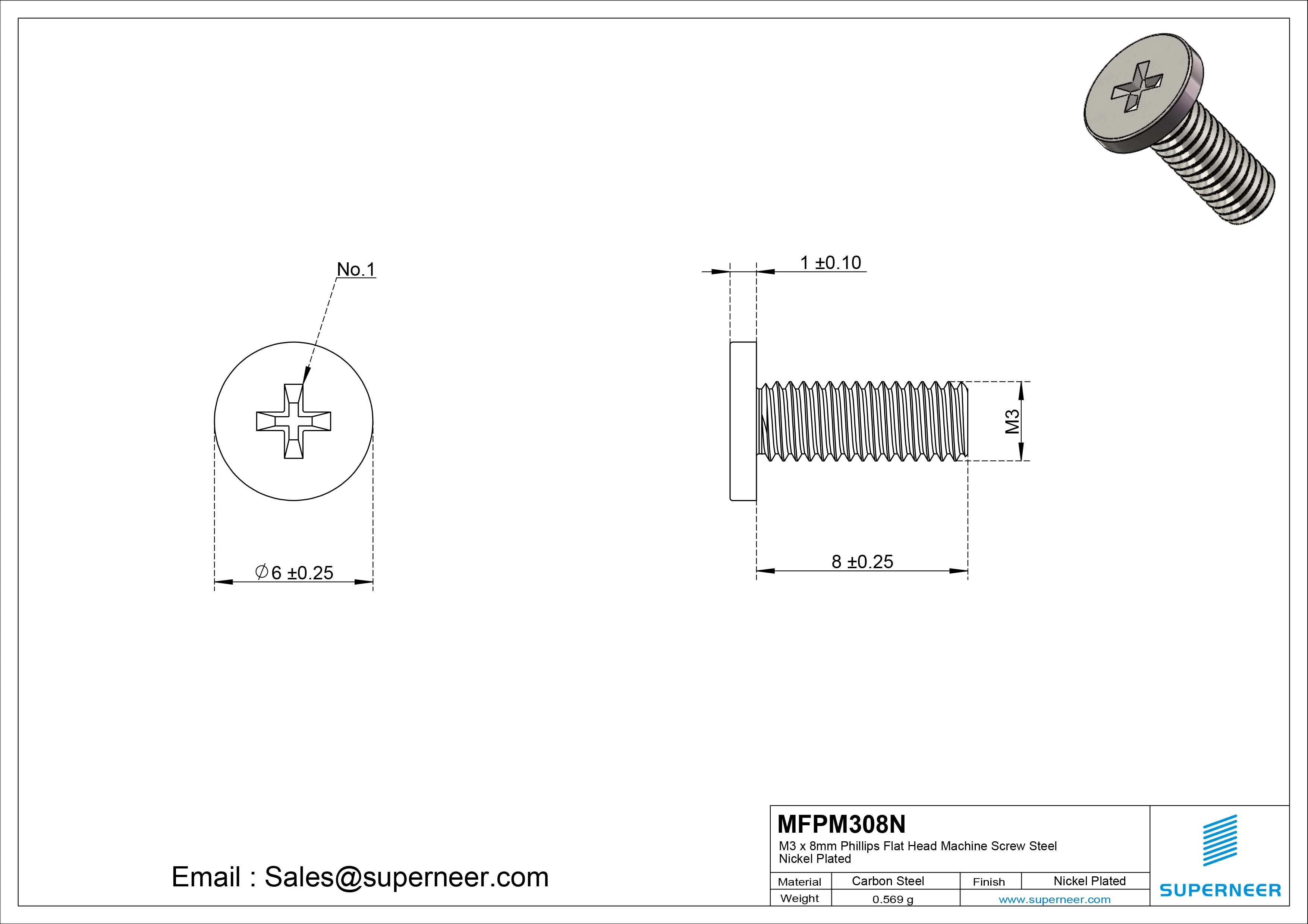 M3 x 8mm Phillips Flat Head Machine Screw Carbon Steel Nickel Plated 